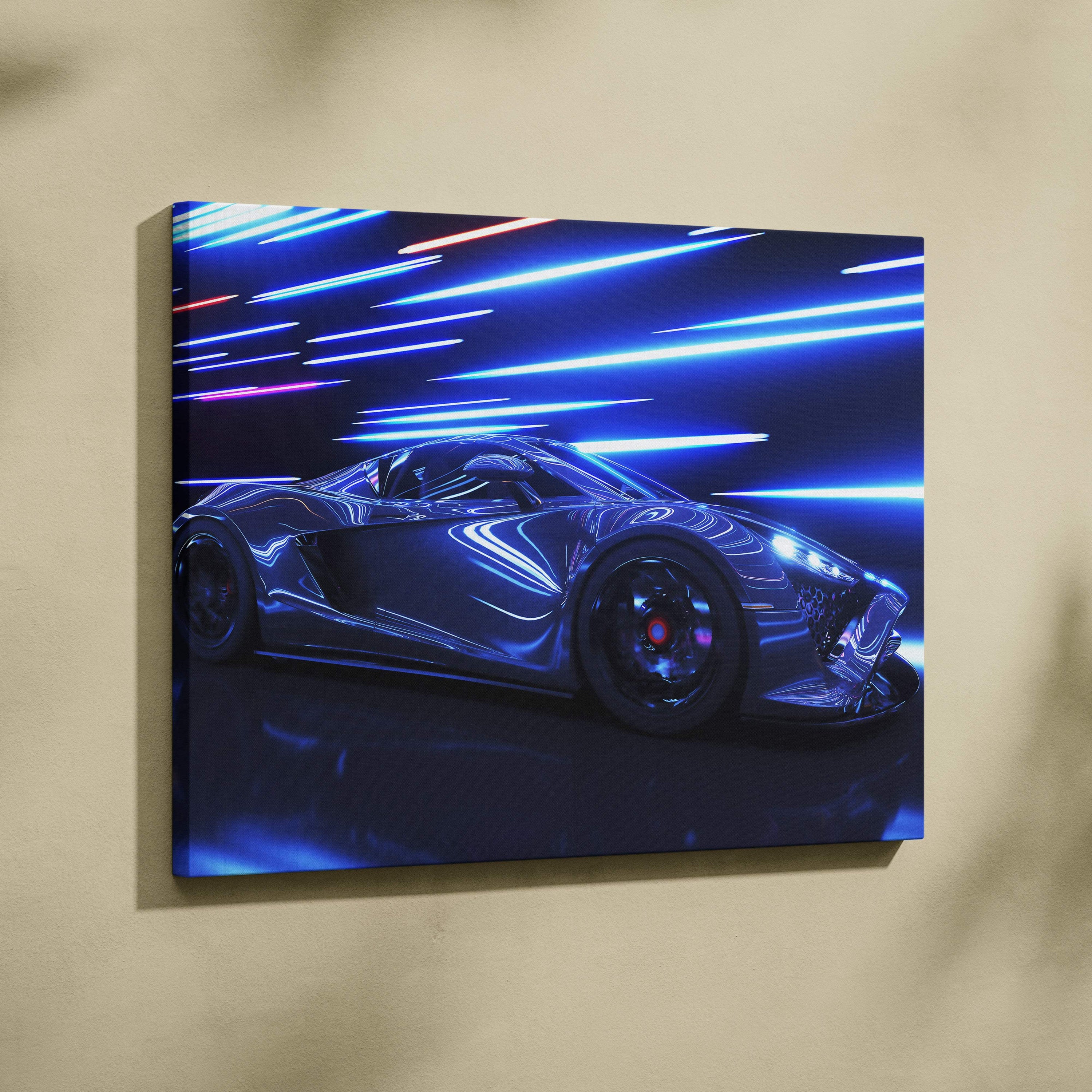 Nebula blue neon-lit sports car canvas print featuring retrowave light trails for vaporwave racing wall decor