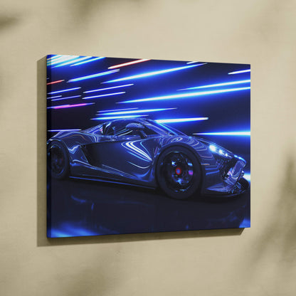 Nebula blue neon-lit sports car canvas print featuring retrowave light trails for vaporwave racing wall decor