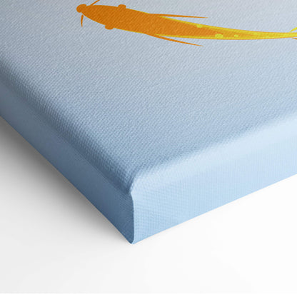 Light blue canvas wall art with stylized orange and yellow koi fish in Japanese ink painting style for zen decor