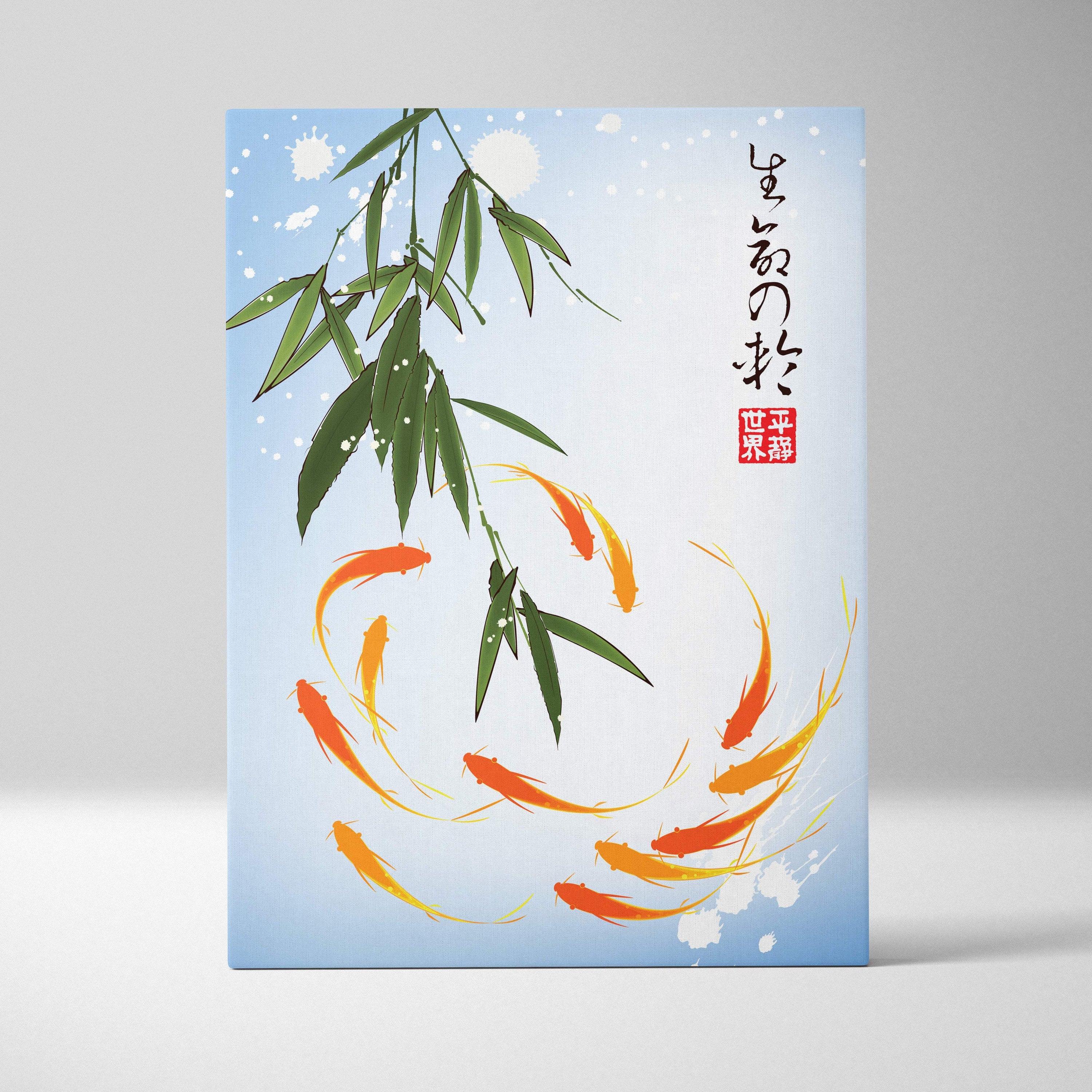 Rectangular canvas wall art of orange koi fish swimming under green bamboo leaves in a blue japanese ink style