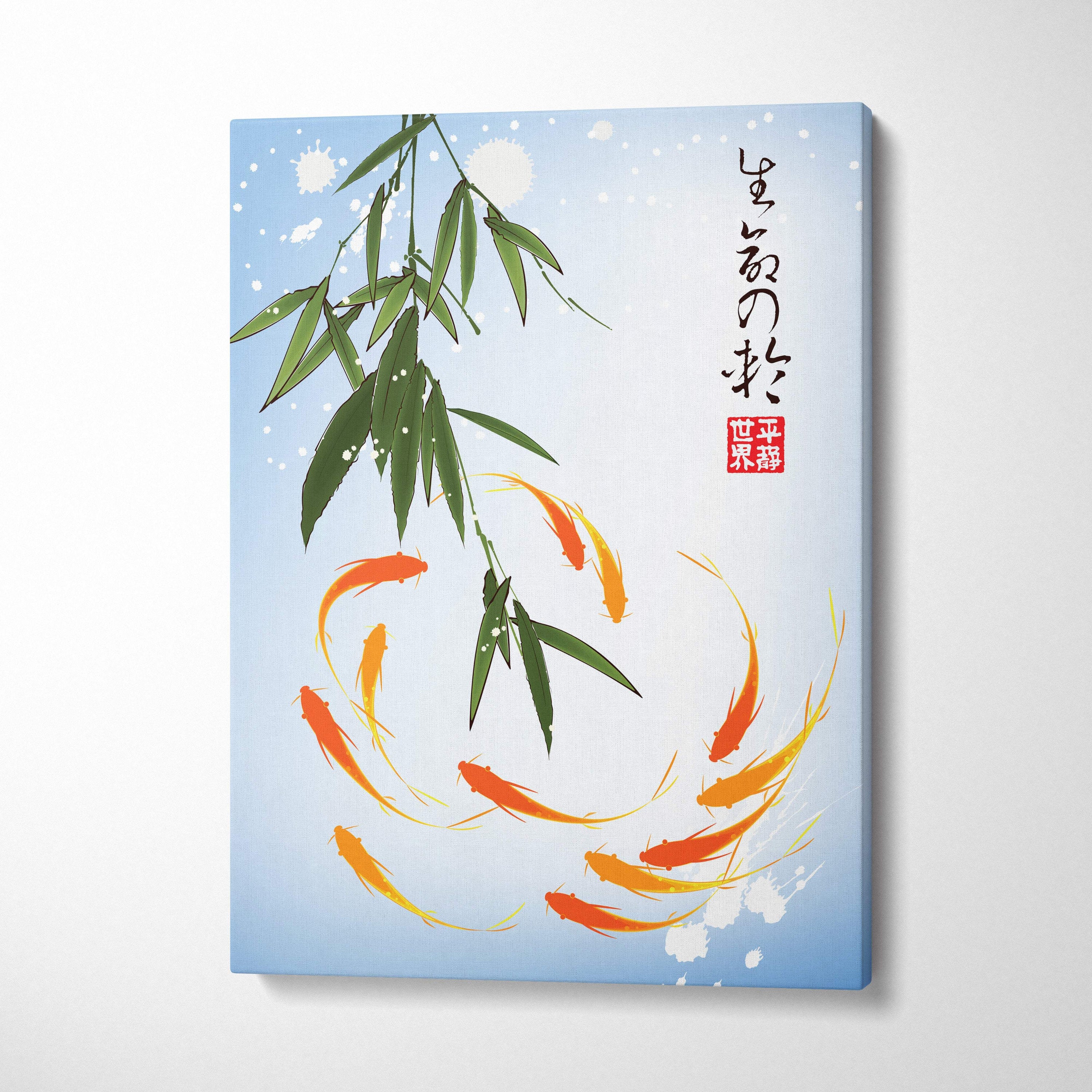 Rectangular canvas wall art featuring orange and yellow koi fish with green bamboo on blue japanese ink style background
