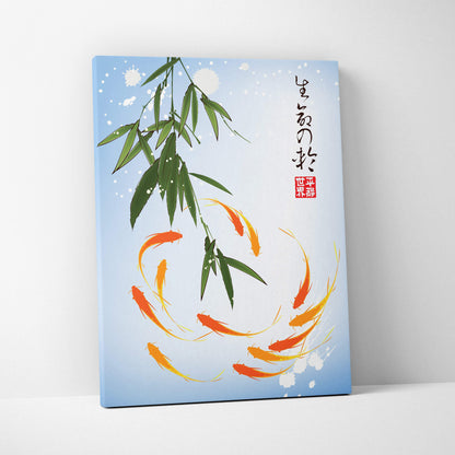 A rectangular canvas print of orange and yellow koi fish swimming under green bamboo leaves with japanese calligraphy on blue background