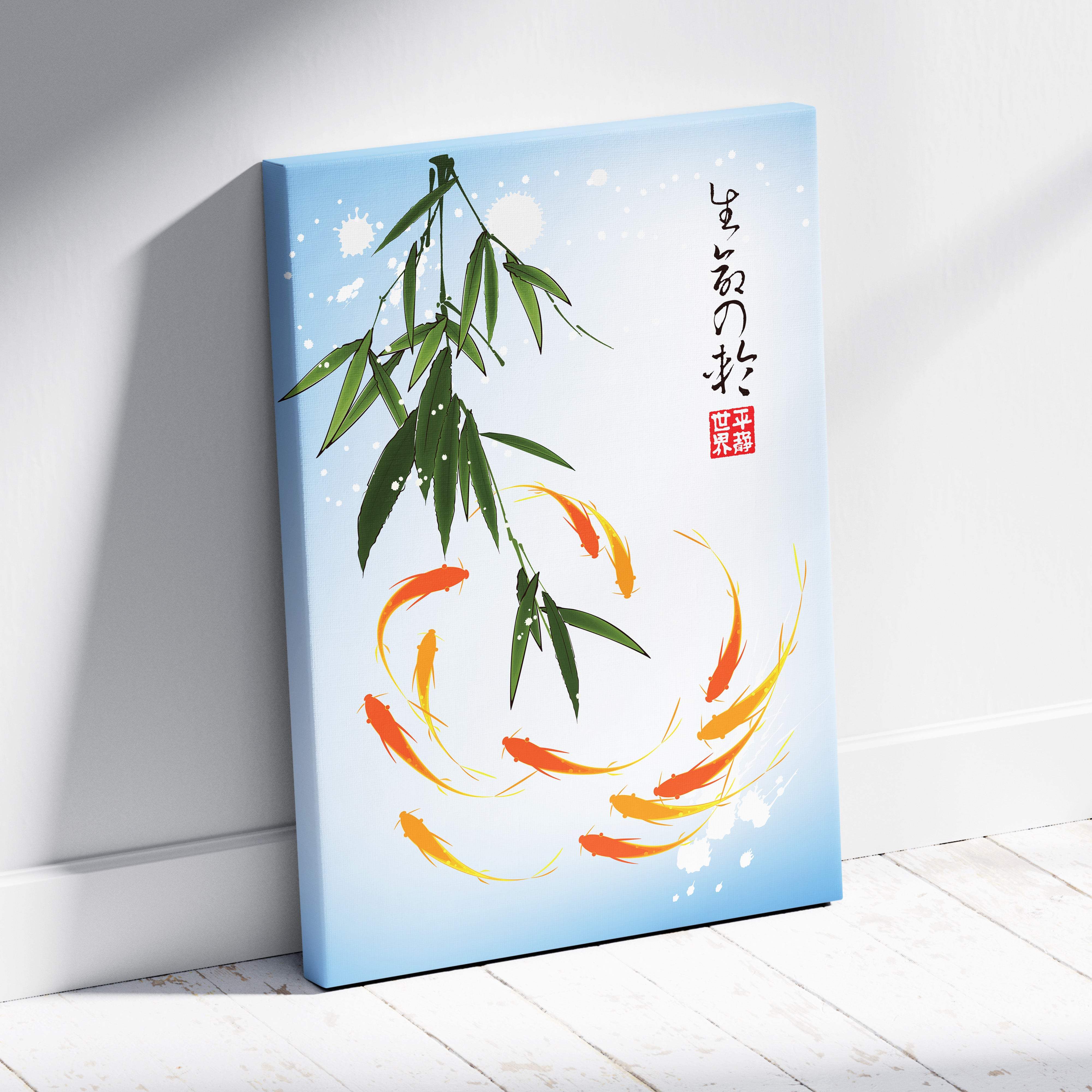 A light blue canvas print of orange and yellow koi fish with green bamboo leaves and japanese calligraphy wall art