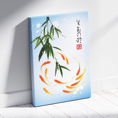 A light blue canvas print of orange and yellow koi fish with green bamboo leaves and japanese calligraphy wall art