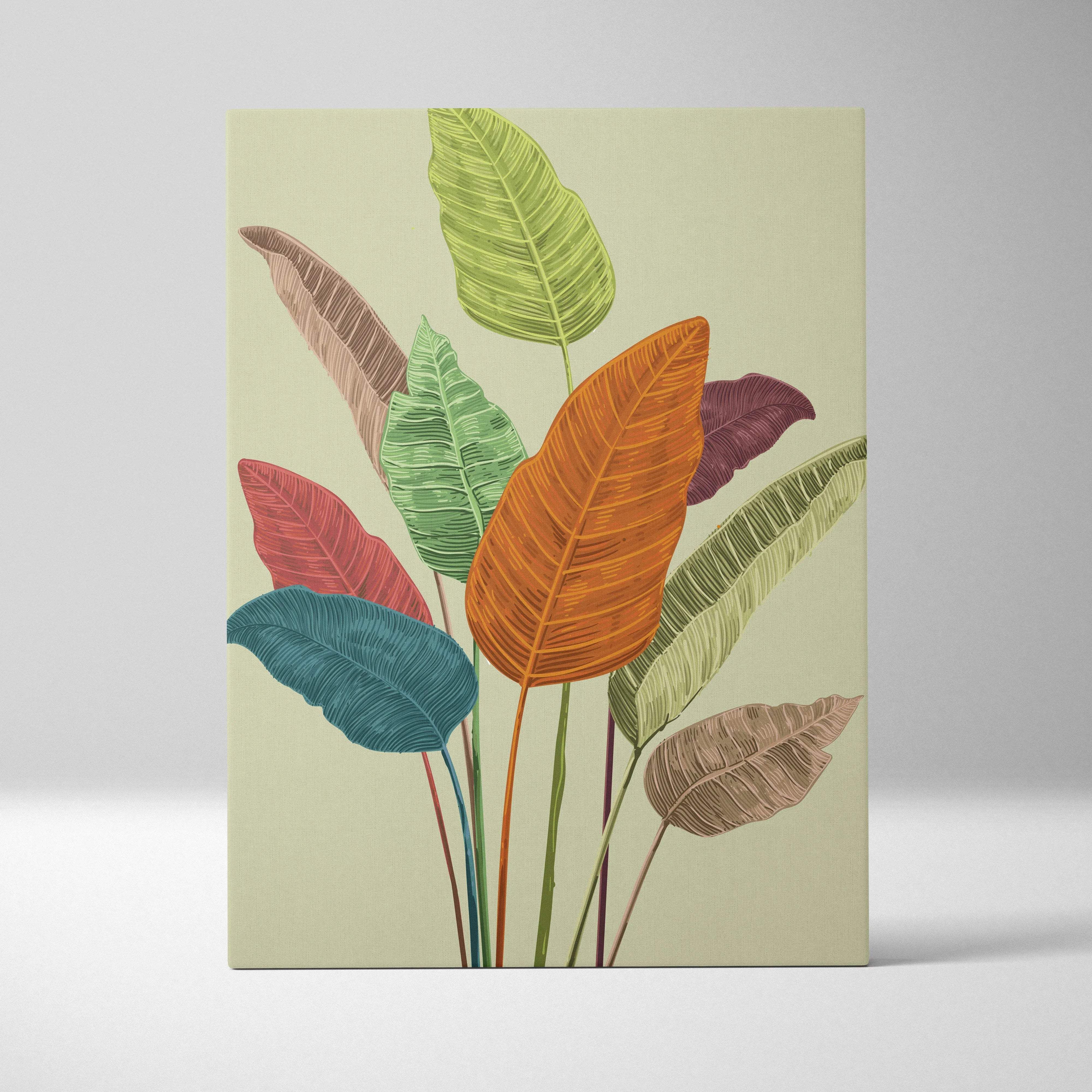Colorful tropical leaf canvas wall art in green teal orange burgundy tones