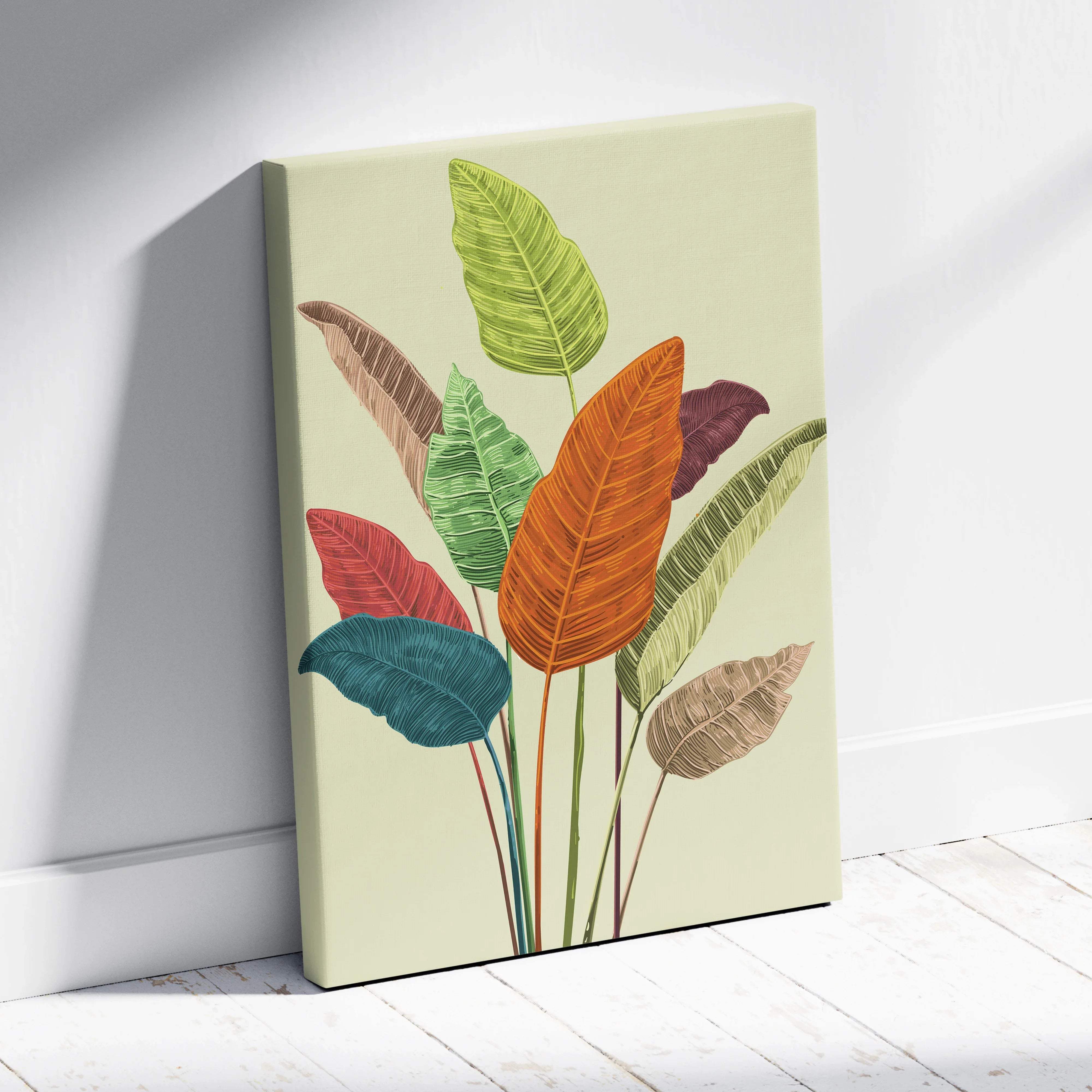 Colorful tropical leaf canvas wall art in green teal orange red tones