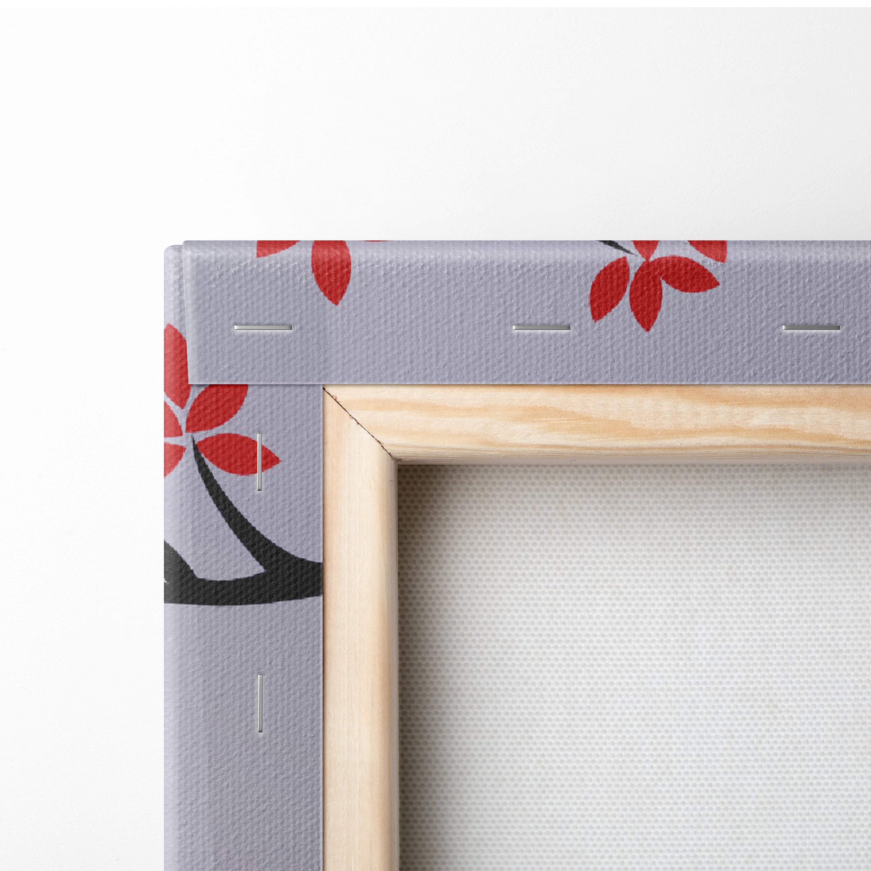 Gray canvas painting frame featuring red and black cherry blossom design in samurai red sun wall art style