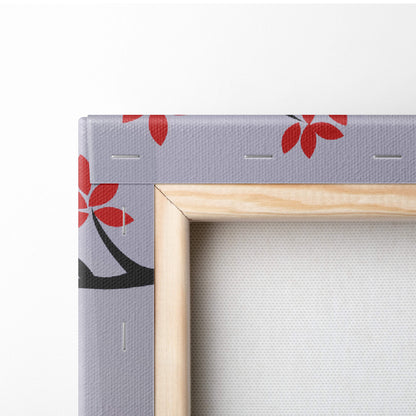 Gray canvas painting frame featuring red and black cherry blossom design in samurai red sun wall art style