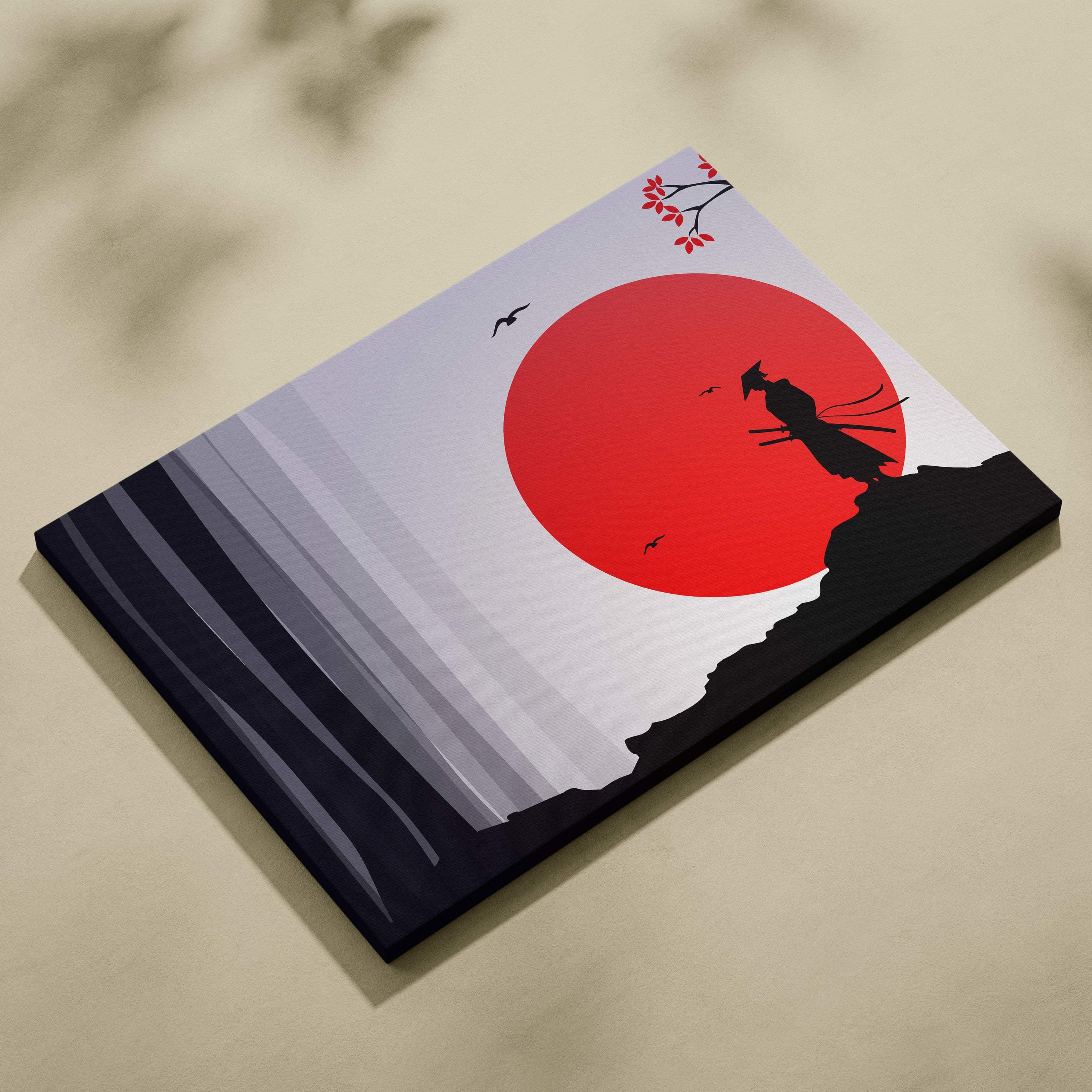Samurai red sun canvas wall art with bold red sun, black samurai silhouette, birds, and cherry blossoms in japanese style