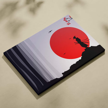 Samurai red sun canvas wall art with bold red sun, black samurai silhouette, birds, and cherry blossoms in japanese style