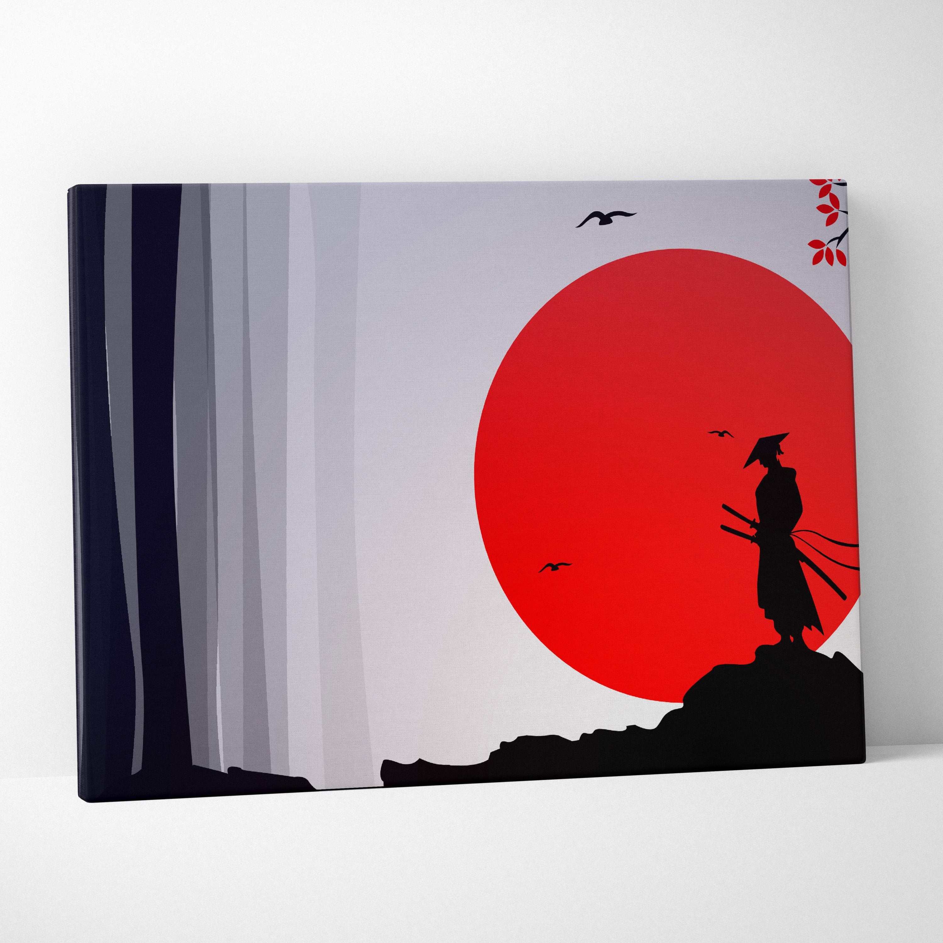 Samurai red sun canvas wall art with bold red sun black samurai silhouette gray stripes and cherry blossoms for living room