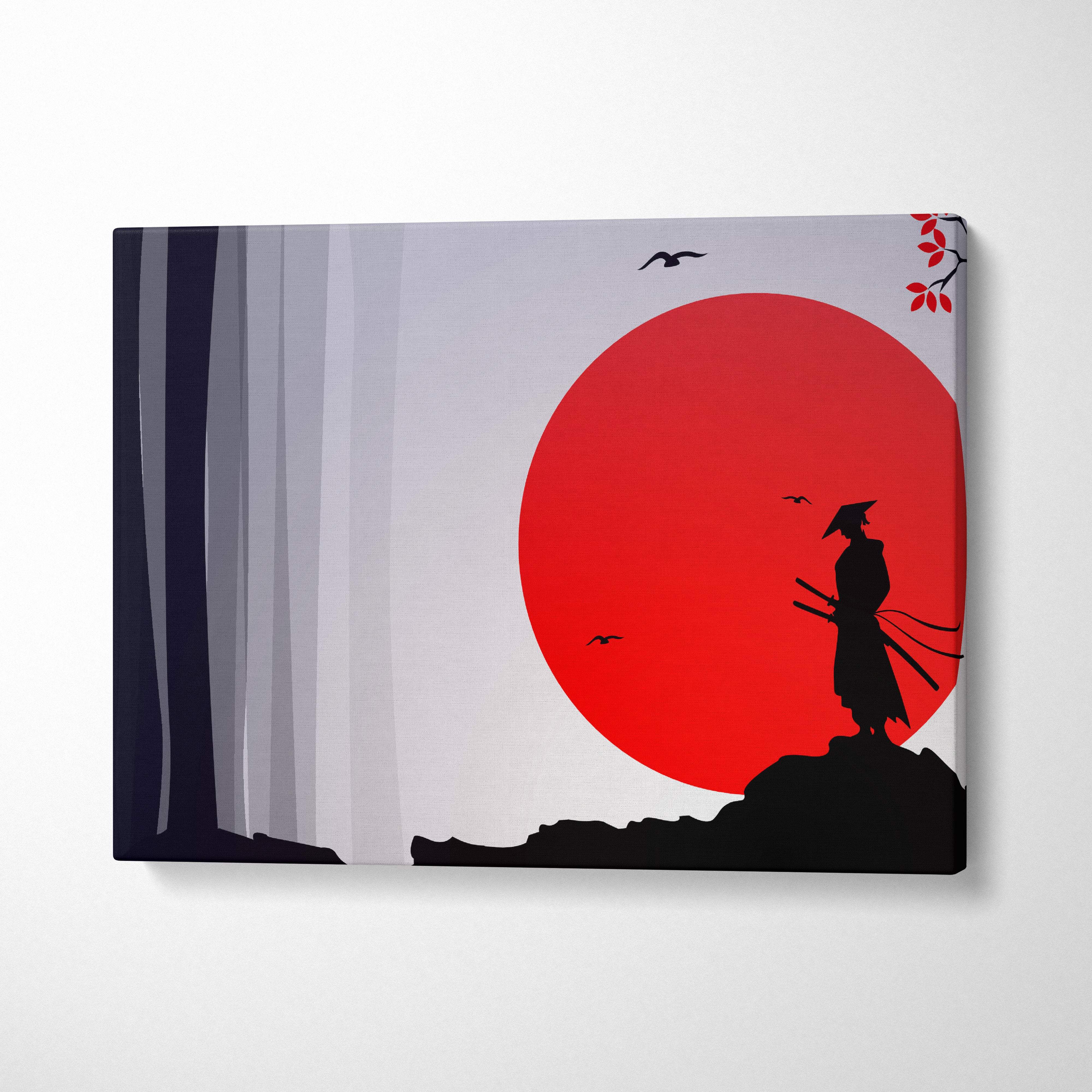 Samurai red sun canvas wall art featuring bold red sun and black silhouette of samurai in gray forest with cherry blossoms