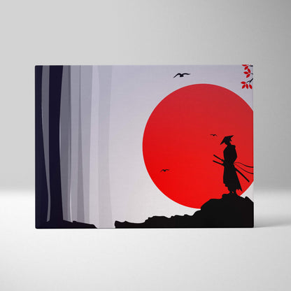 Samurai red sun canvas wall art with black gray silhouette of a warrior and cherry blossoms on rocky terrain