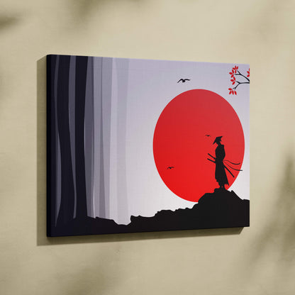 Minimalist canvas print of black samurai silhouette on rocky terrain with red sun and gray cherry blossom trees background