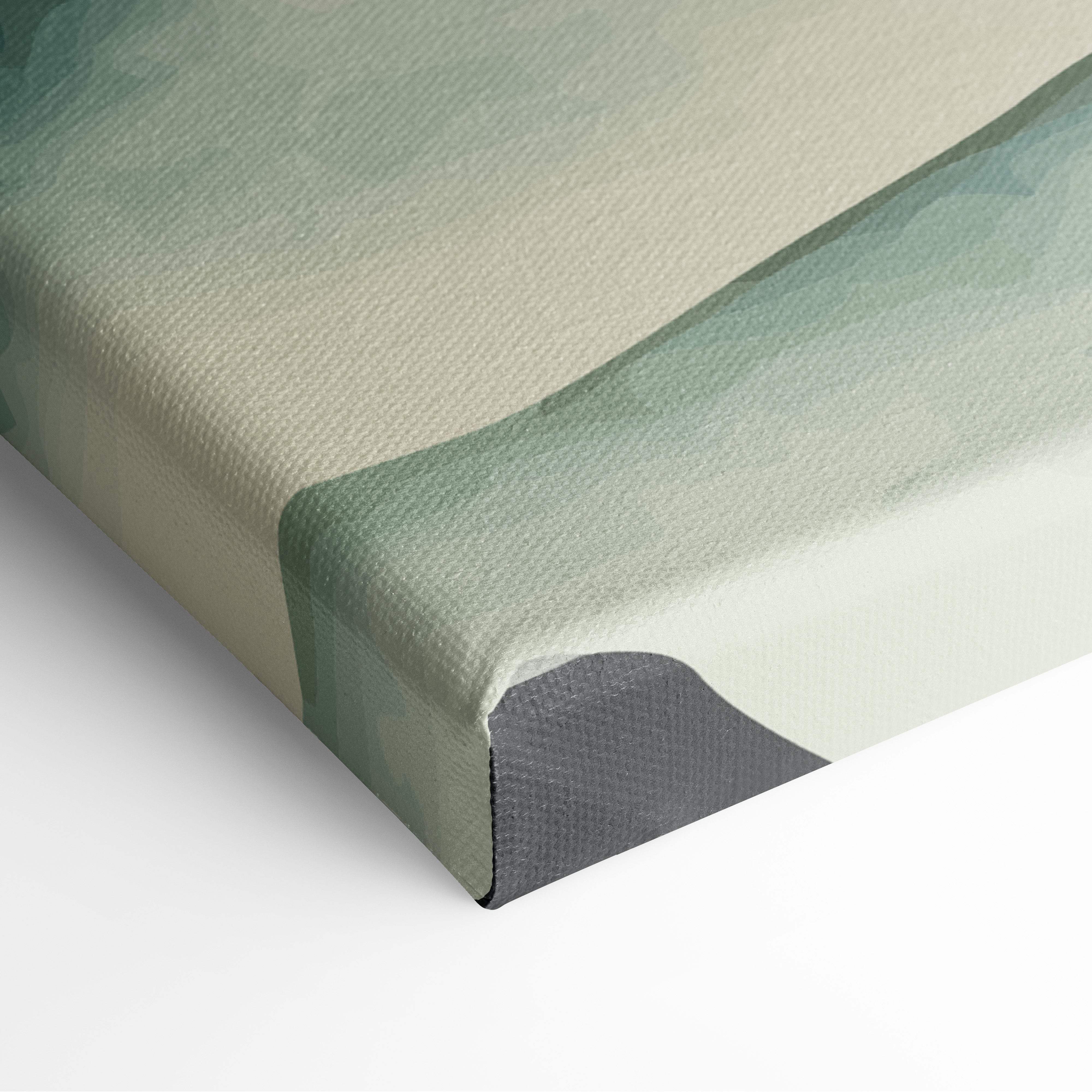 Misty mountain lake canvas wall art with soft green gold gradient on textured fabric for peaceful living room decor