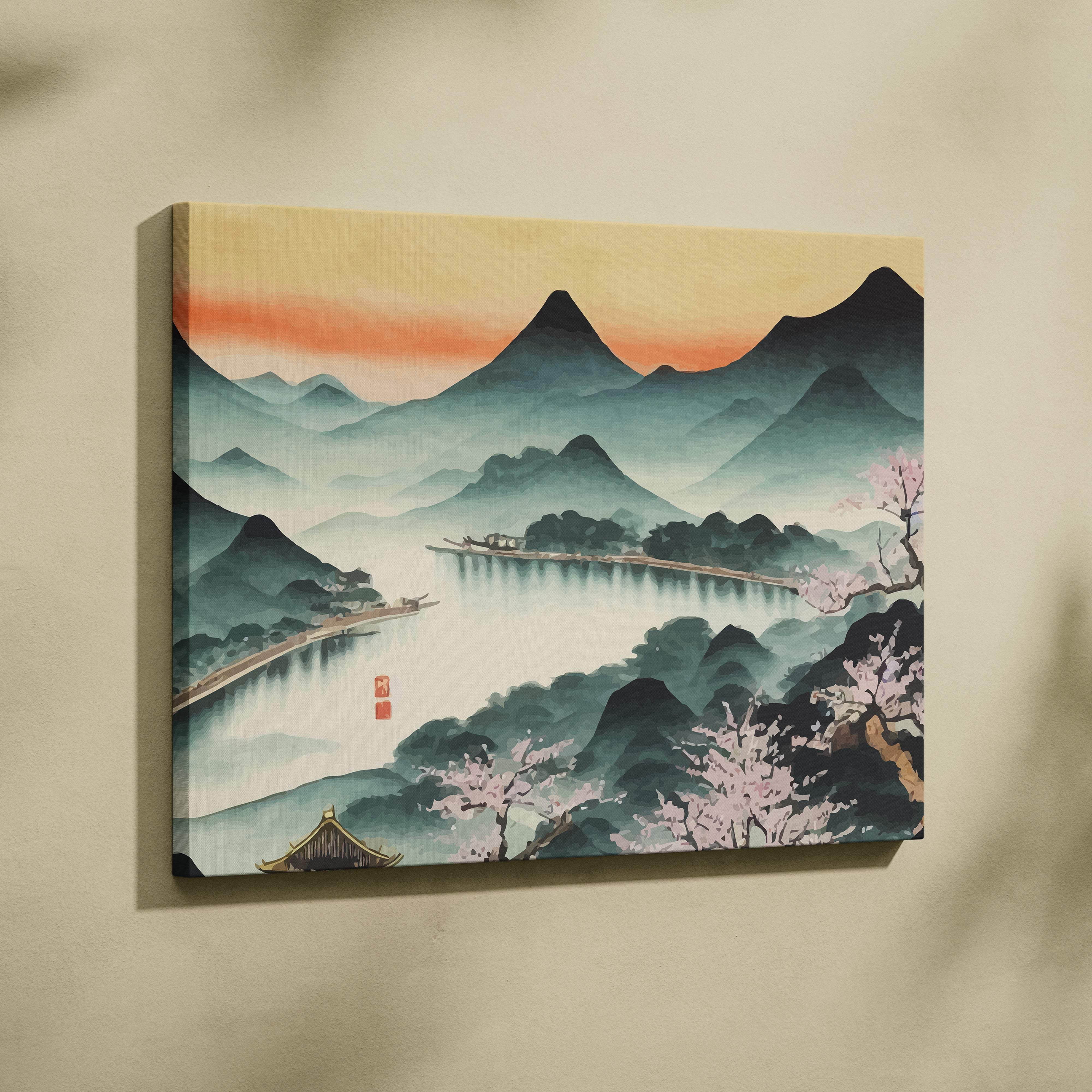 A framed canvas wall art of a peaceful teal orange and pink mountain landscape with cherry blossoms and traditional architecture
