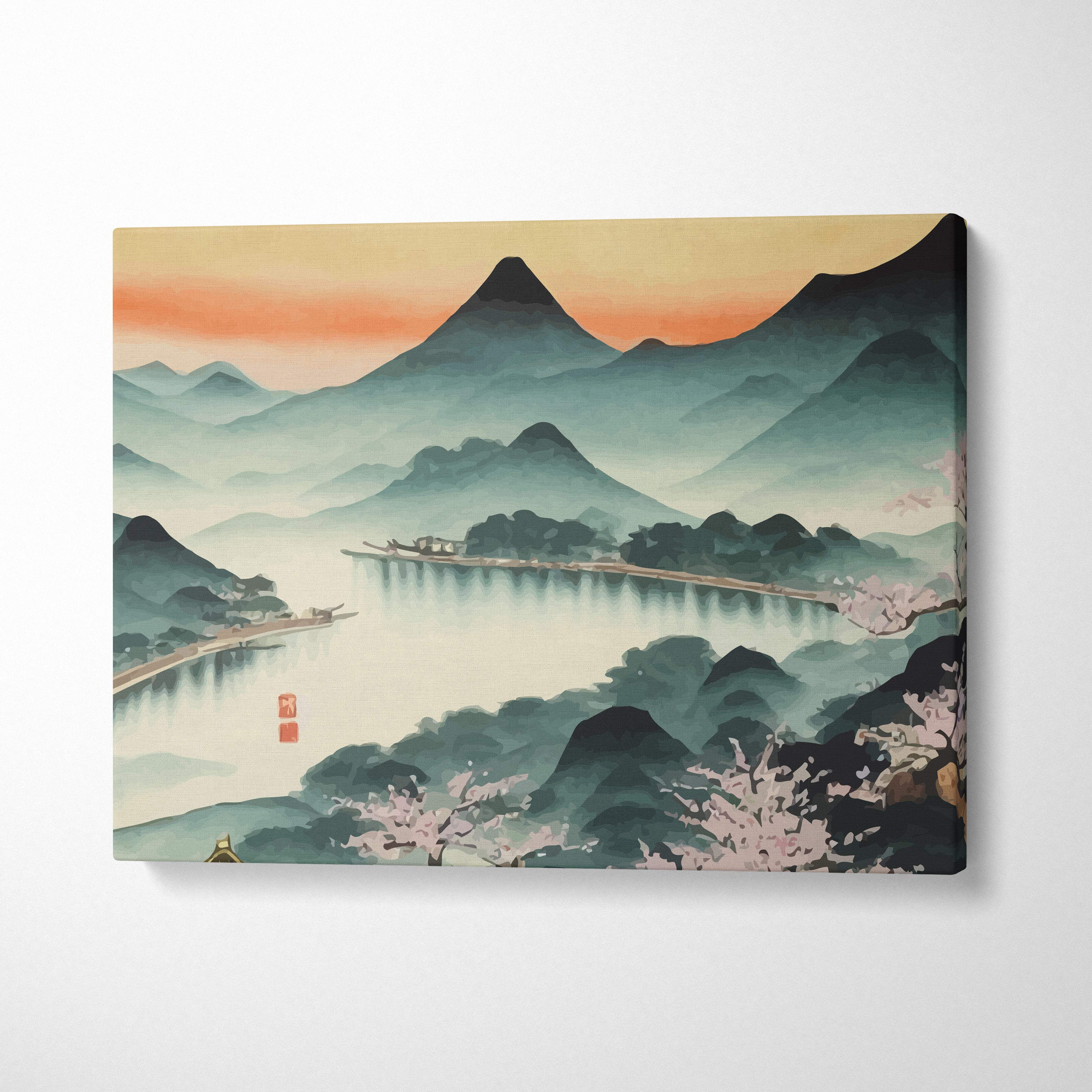 A rectangular canvas print of misty mountain lake with green gold hues and cherry blossoms for living room decor