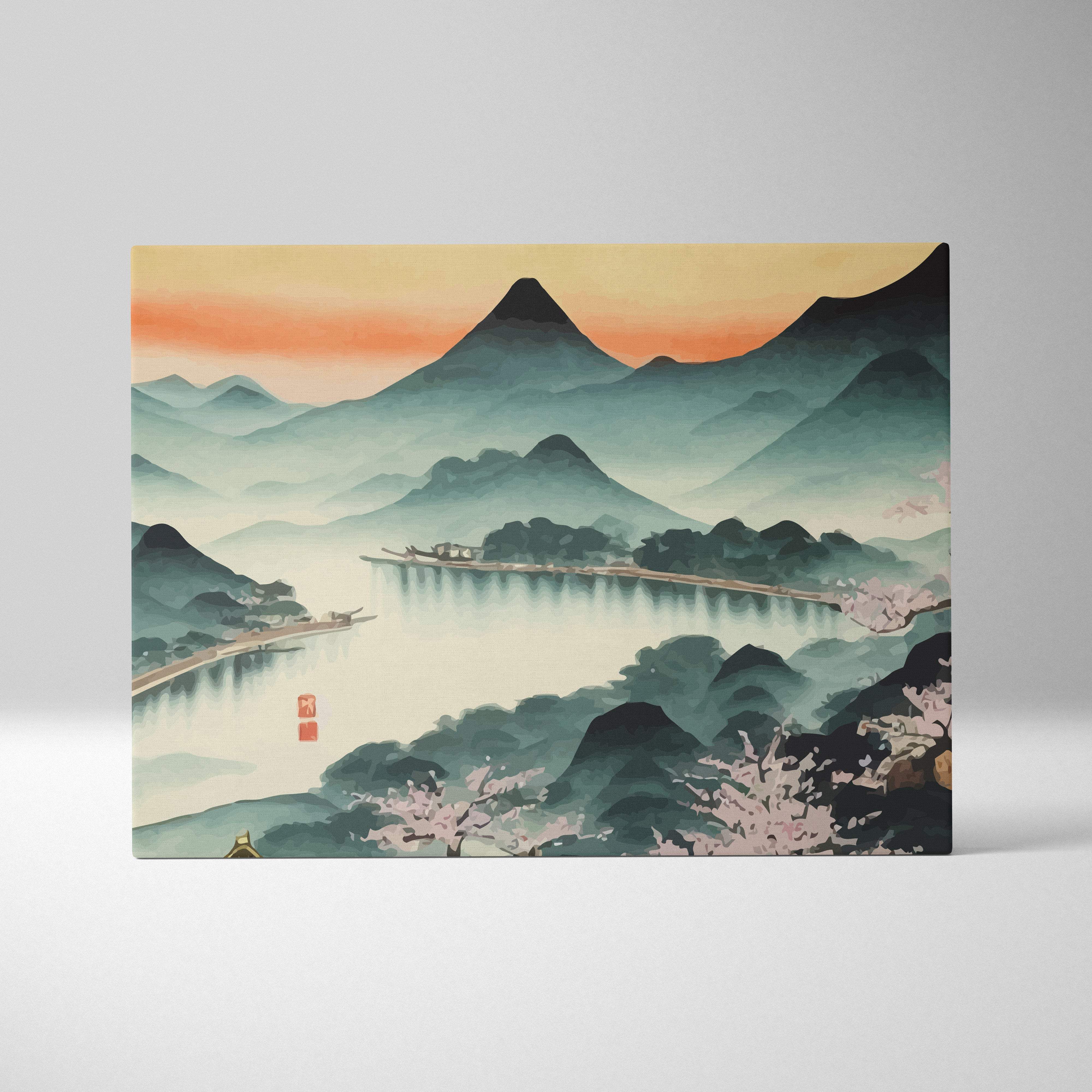Misty mountain lake canvas wall art with serene japanese landscape featuring cherry blossoms and layered mountains