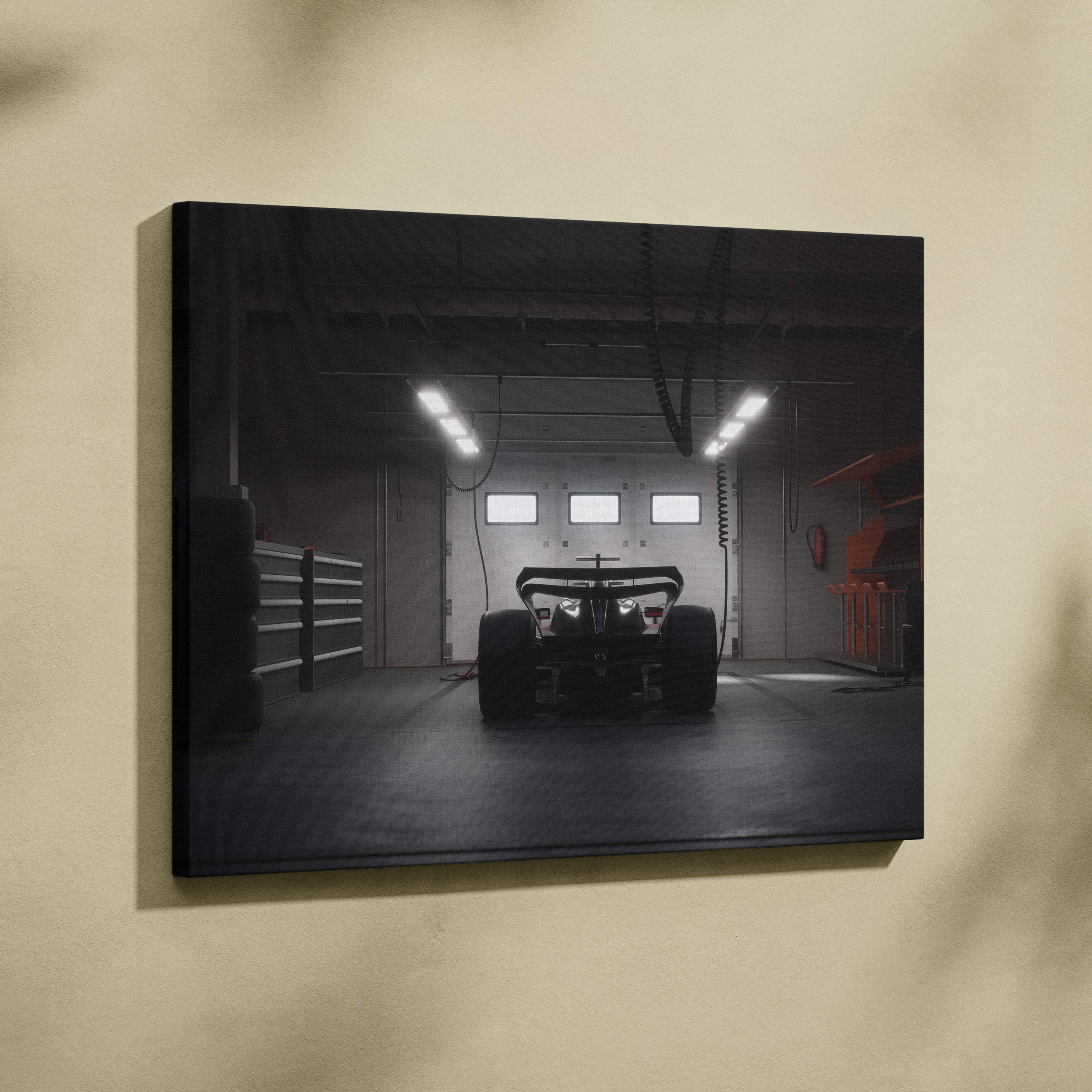 Black formula 1 race car canvas wall art print in moody garage motorsport photography style for modern racing spaces