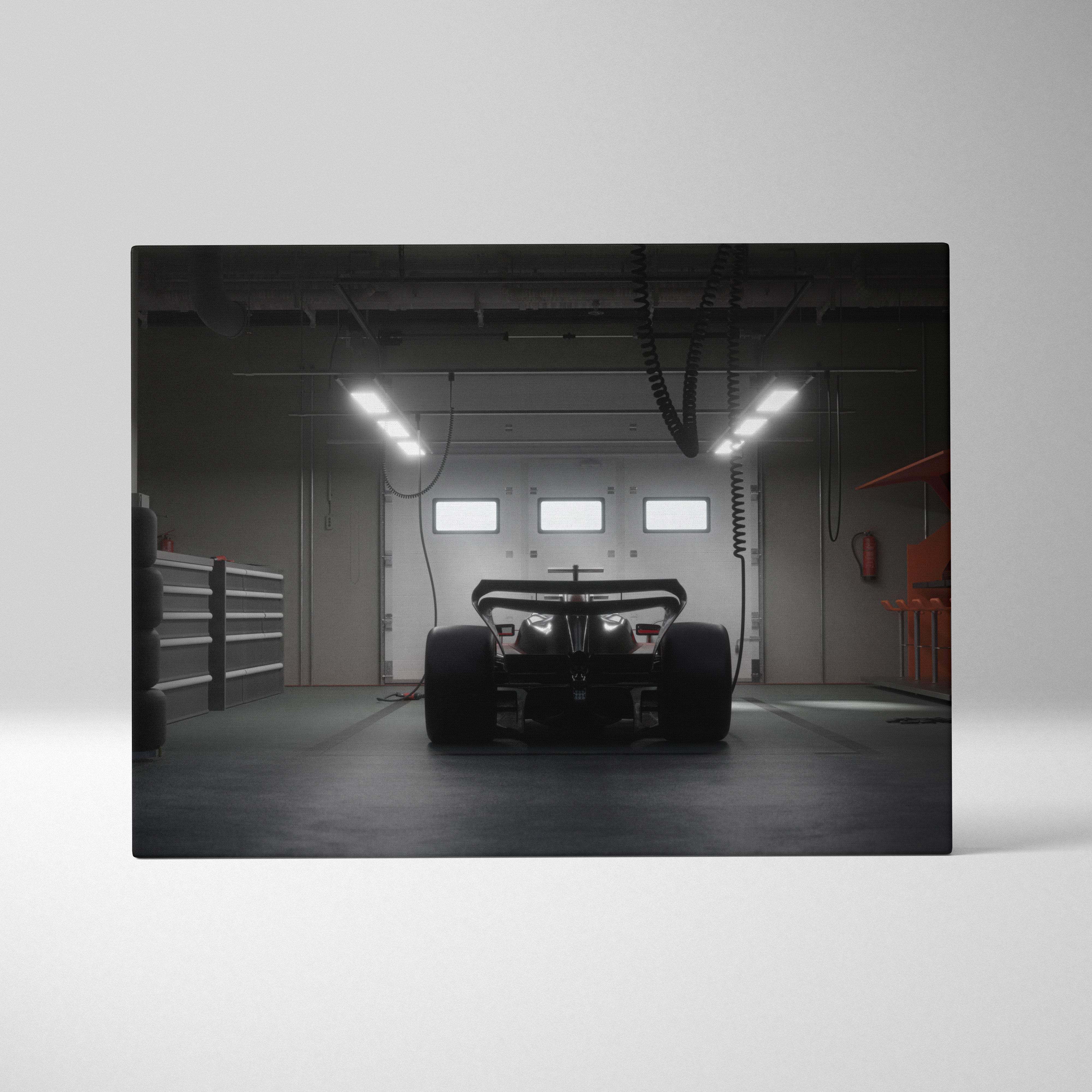 Black formula 1 race car canvas wall art print with aerodynamic design in moody garage motorsport decor