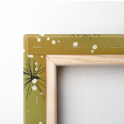 Olive green canvas frame with black and white abstract starburst pattern for yellow bird pine tree wall art decor