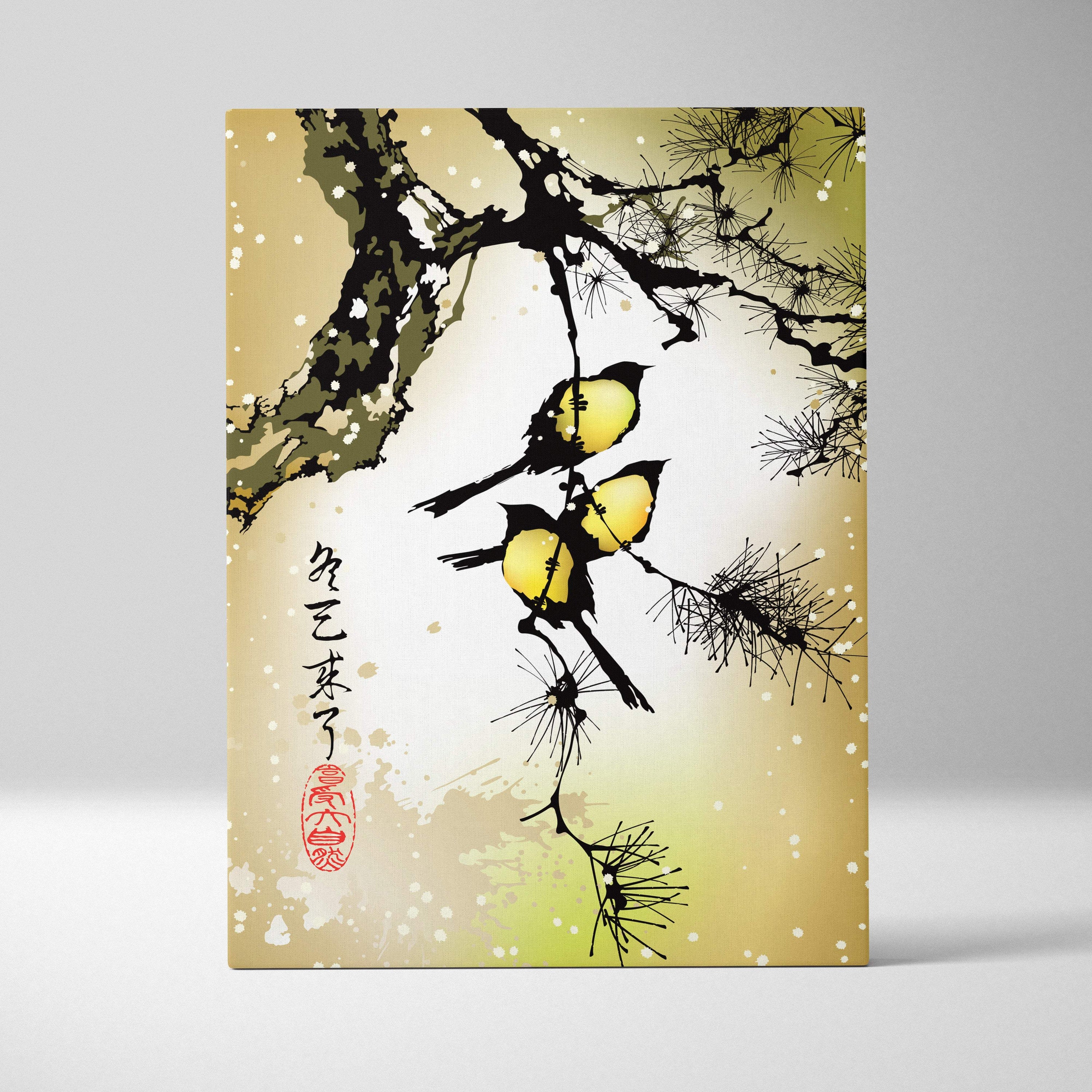 Yellow bird pine tree canvas wall art with gold black east asian ink painting of two birds on pine branches with calligraphy