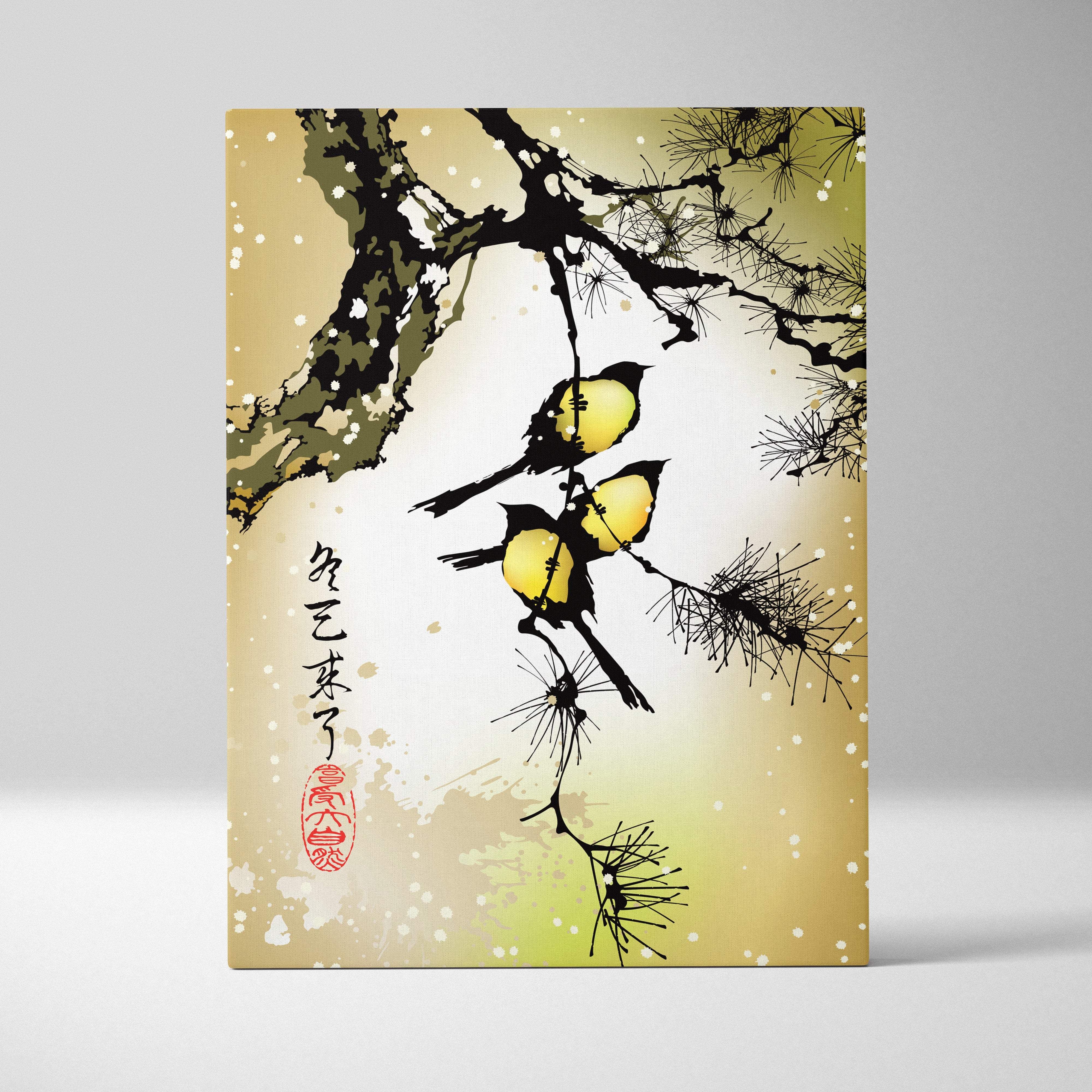 Yellow bird pine tree canvas wall art with gold black east asian ink painting of two birds on pine branches with calligraphy
