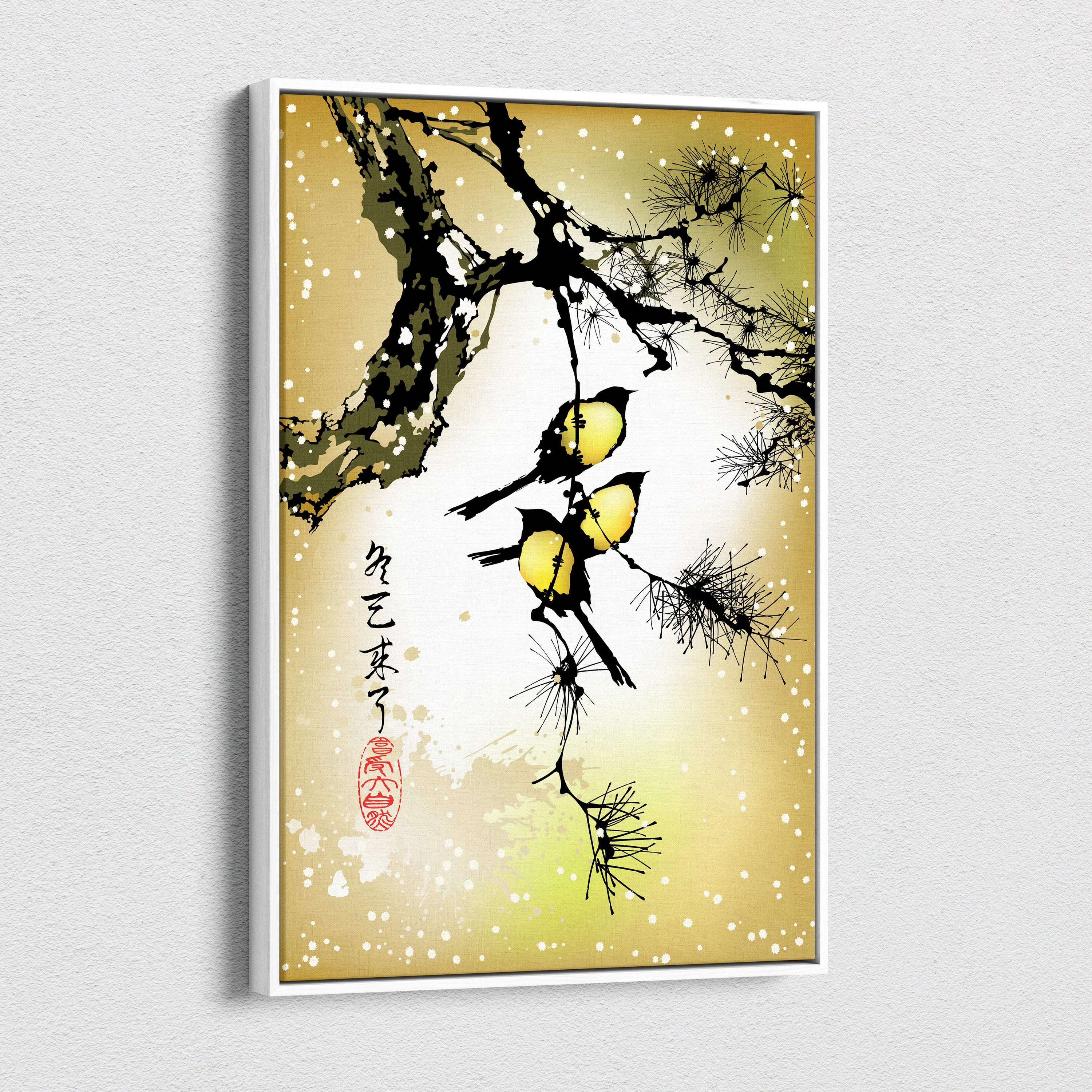 A framed yellow bird pine tree canvas wall art with black ink wash branches on a warm golden background for zen decor