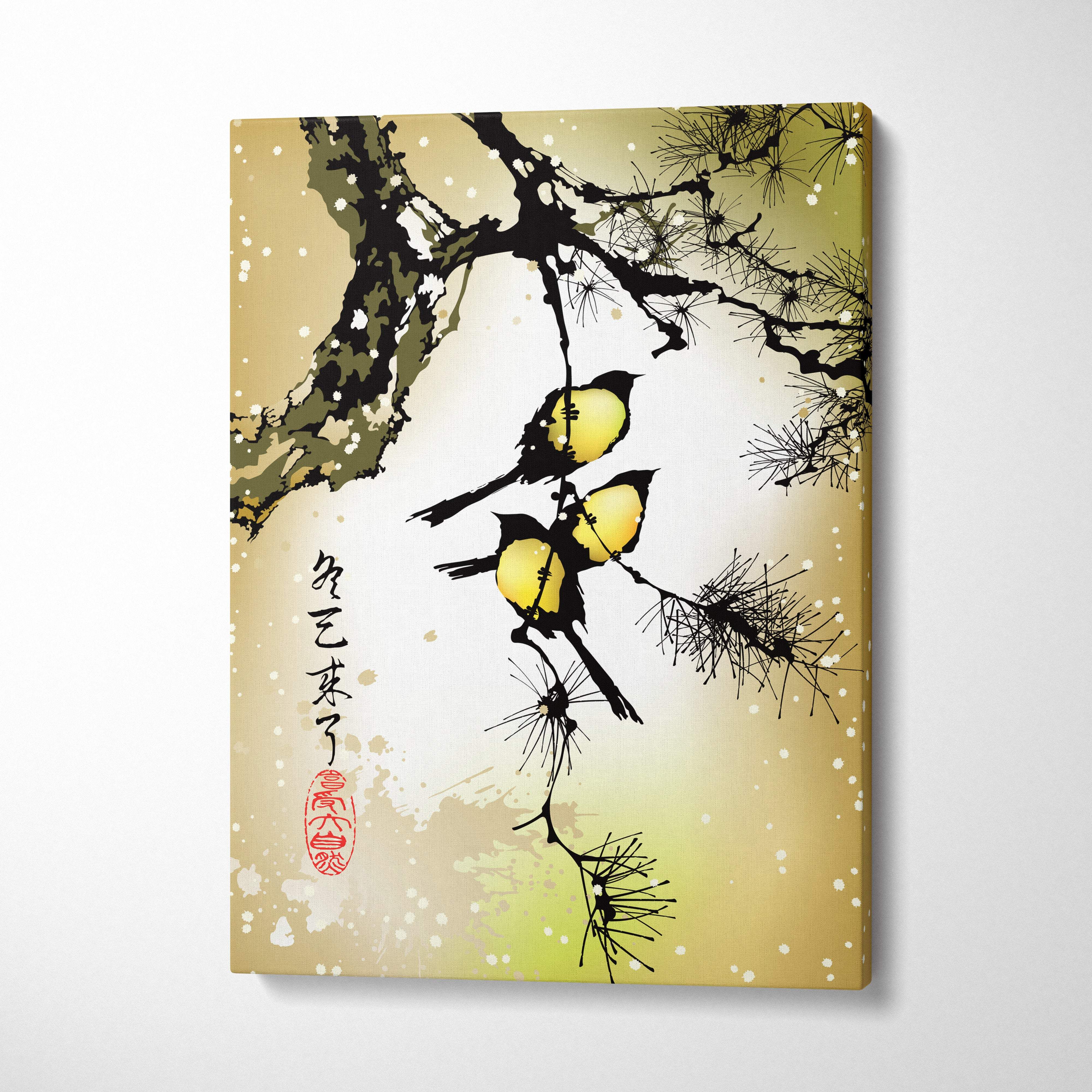 Beige canvas wall art with black ink pine branches and three yellow birds in asian ink painting style for zen decor