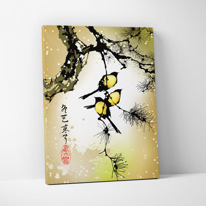 Beige canvas wall art featuring black ink pine branches with three yellow birds and east asian calligraphy accents