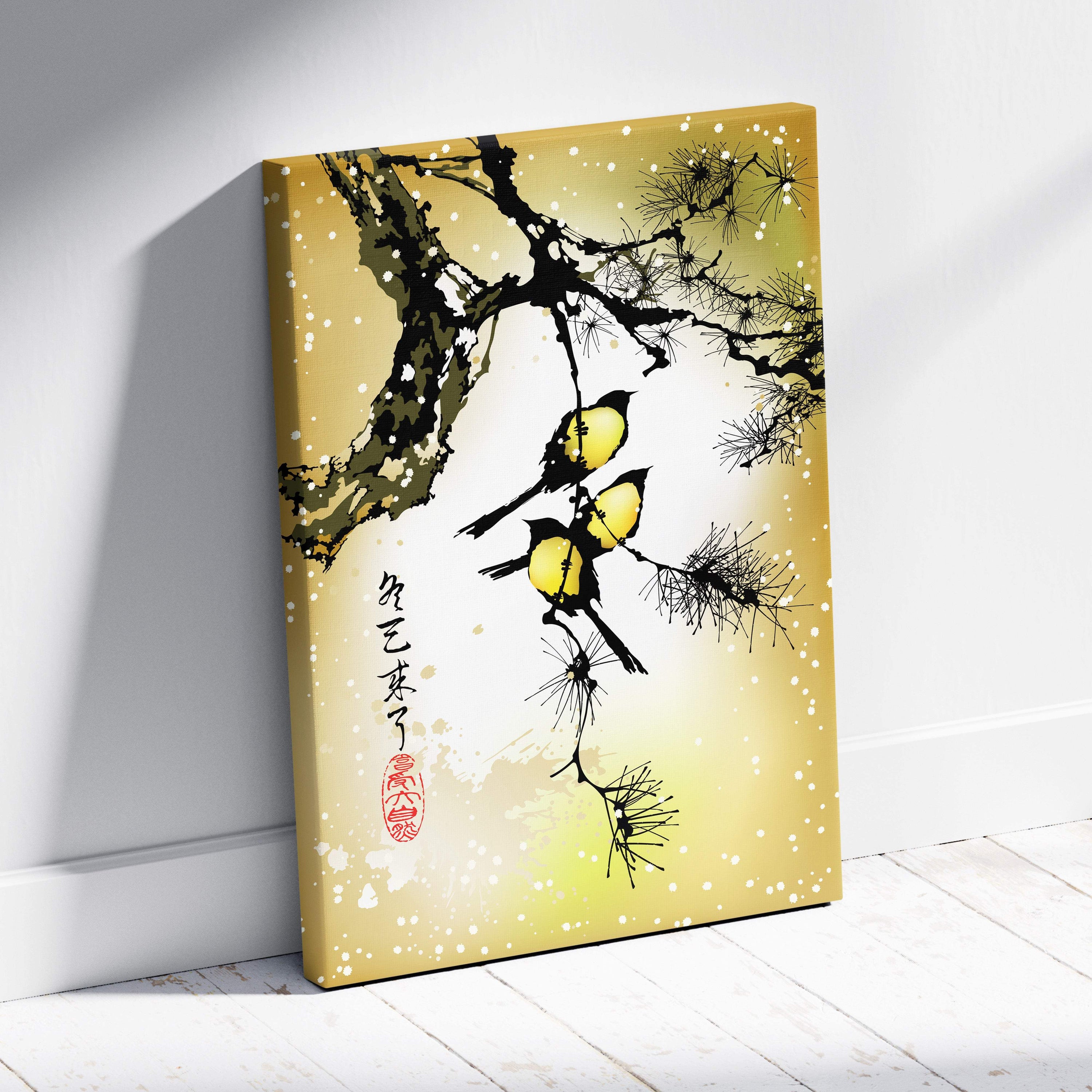 A golden canvas print featuring black ink brushstroke pine branches with three yellow birds and chinese calligraphy