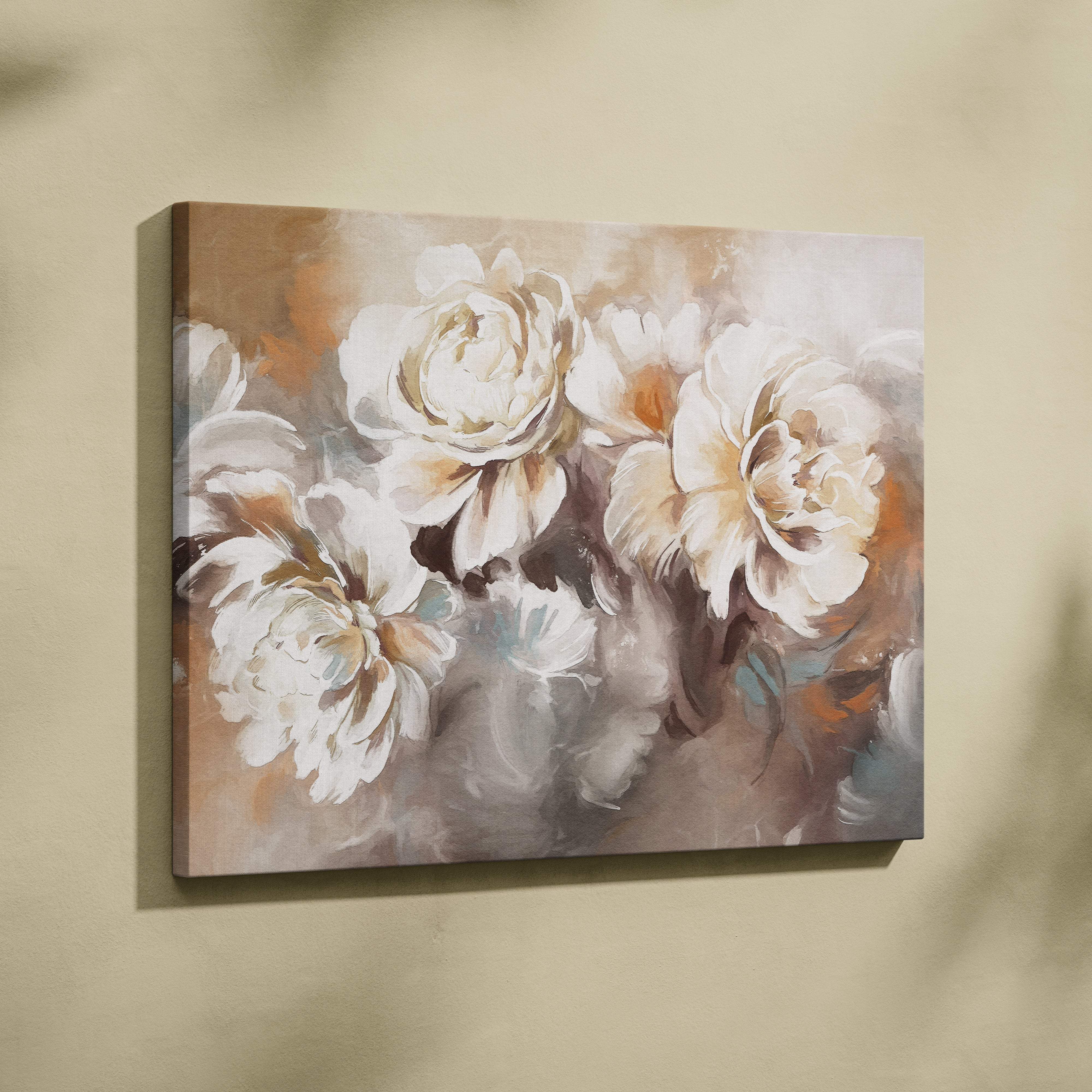 Beige and white floral canvas painting with soft brushstrokes featuring an elegant cream peony bouquet in earthy tones