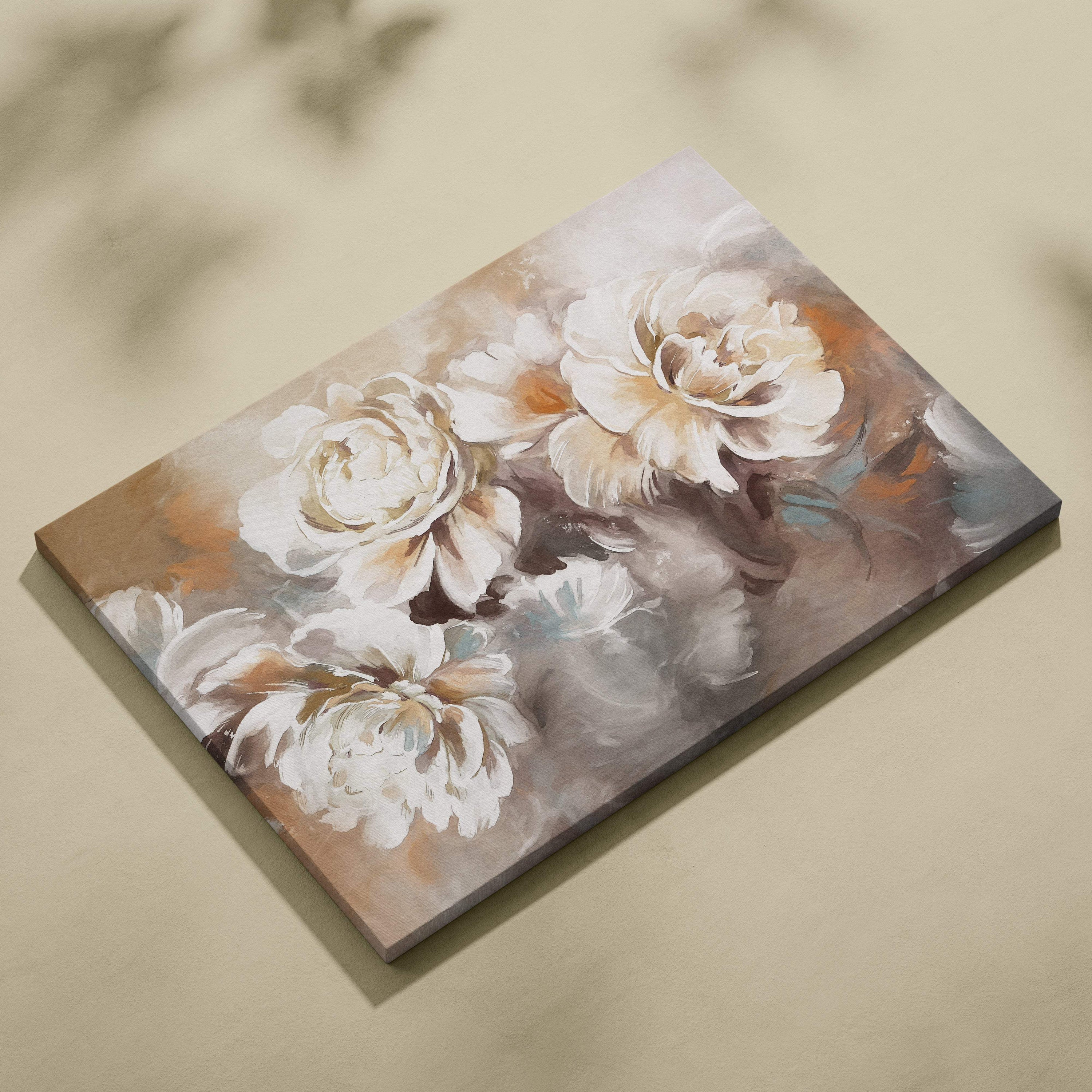 Beige and white floral canvas painting with soft brushstrokes elegant cream peony bouquet in earthy tones wall art