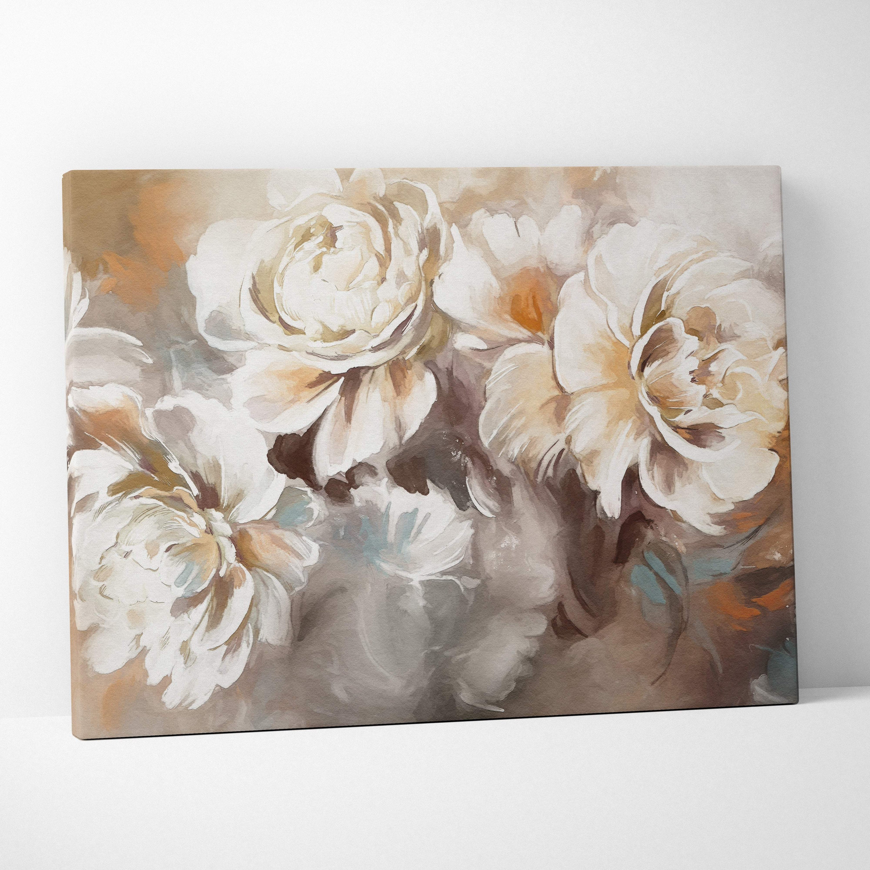 Soft neutral floral painting style wall art featuring elegant beige and cream peony bouquet on canvas print