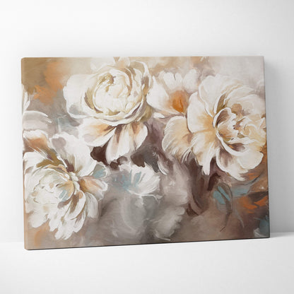Soft neutral floral painting style wall art featuring elegant beige and cream peony bouquet on canvas print