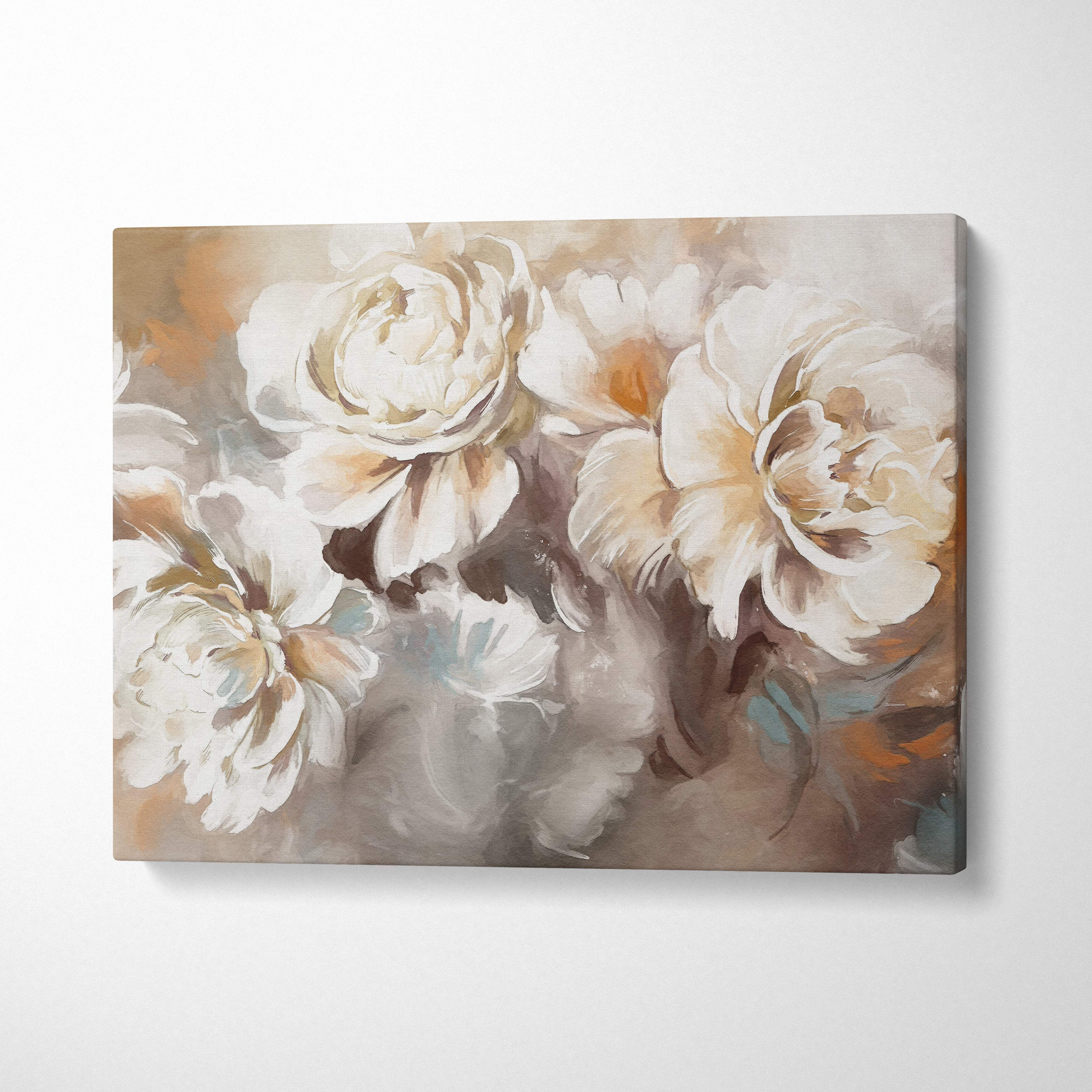 Soft neutral floral painting style wall art featuring elegant beige and cream peonies on a canvas print with earthy tones