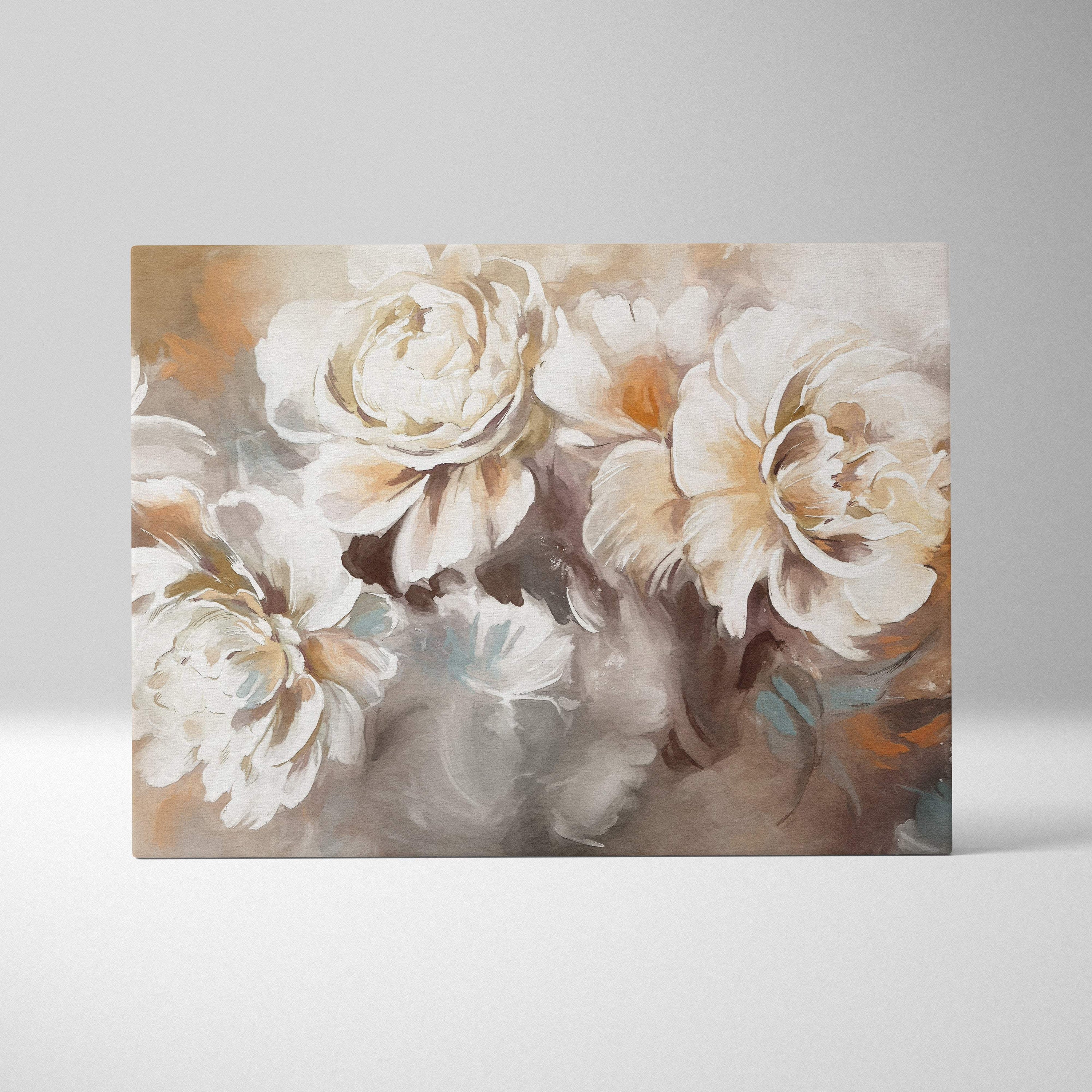 Beige and cream floral canvas painting with soft brushstrokes elegant cream peony bouquet wall art print