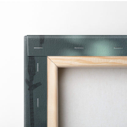 Minimalist wooden canvas frame with dark green fabric border and stitching for frozen undead warrior dark fantasy art