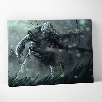 Dark gray and black fantasy canvas art of a frozen undead warrior with glowing blue eyes in a snowstorm battle scene