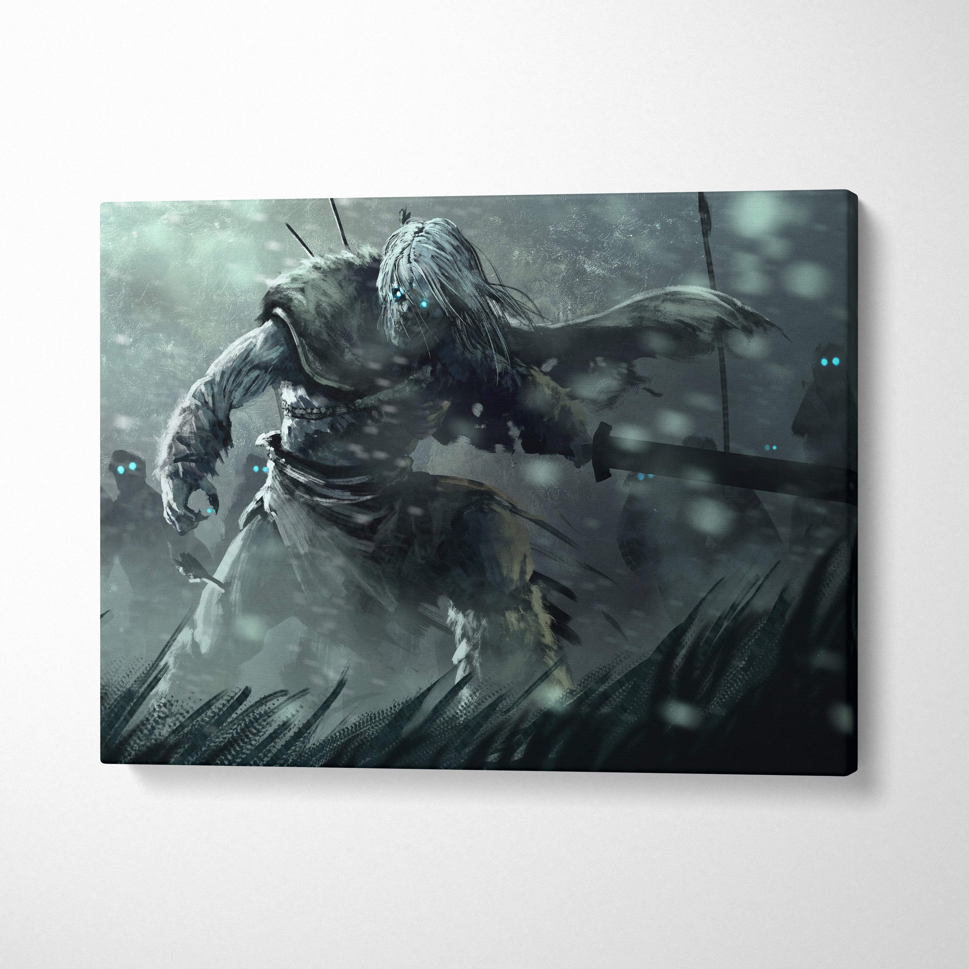 Gothic canvas art of a frozen undead warrior with glowing blue eyes in tattered dark armor on a snowy battlefield