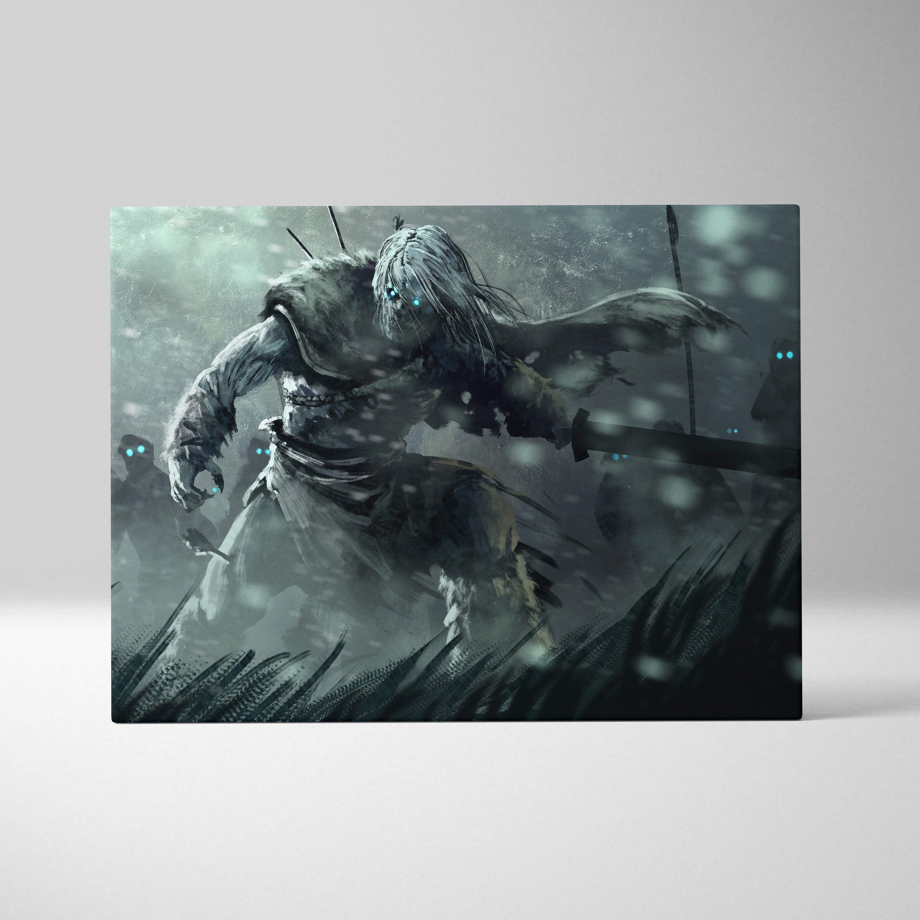 Rectangular canvas print of a dark fantasy undead warrior with glowing blue eyes in a snowy battle scene wall decor
