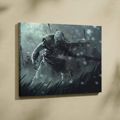 Frozen undead warrior canvas art shows a dark fantasy wraith with glowing blue eyes in a snowy battle scene