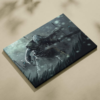 Dark-toned canvas print of a frozen undead warrior with glowing blue eyes in a snowstorm battle scene wall decor