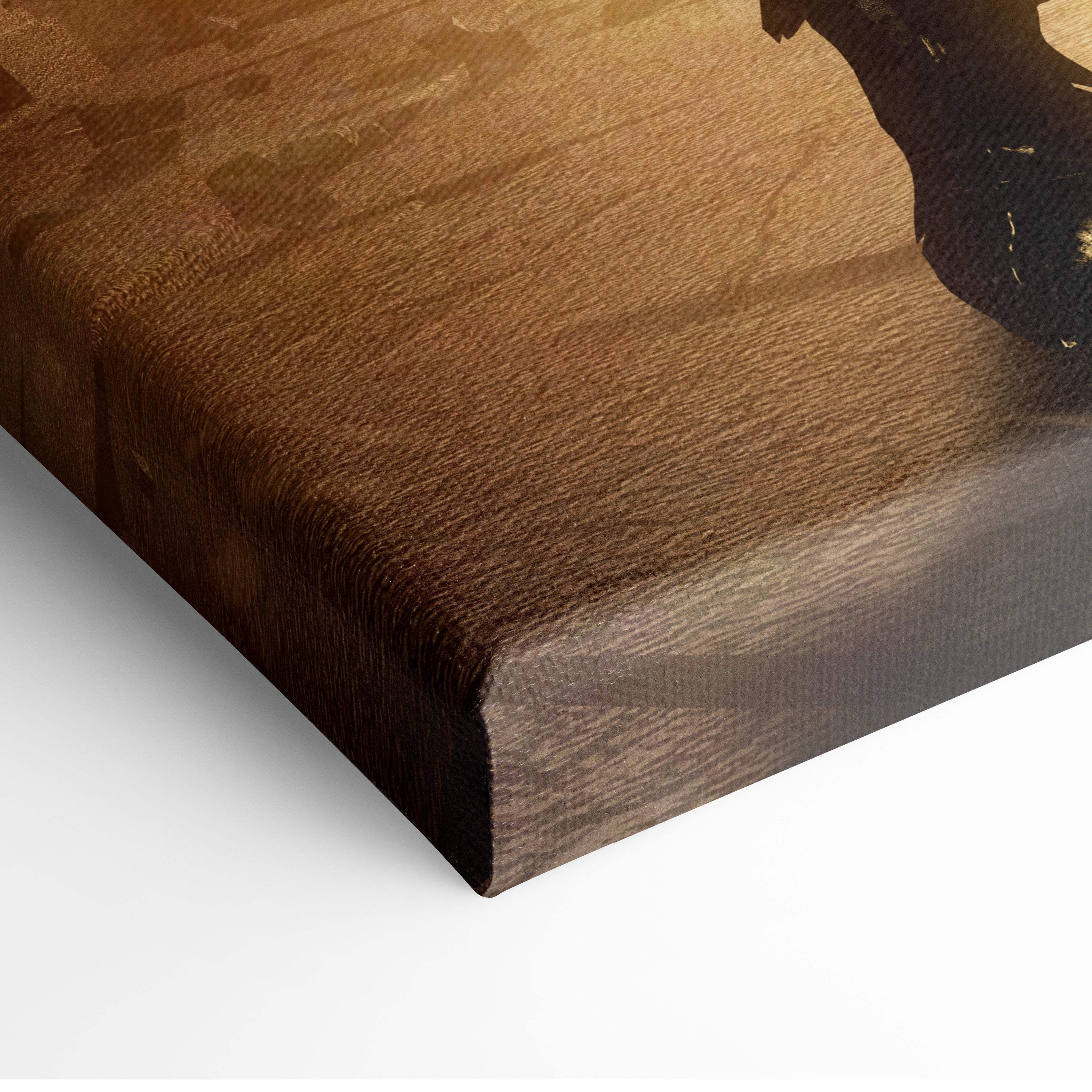 Rustic brown canvas print with wood-grain texture featuring dark silhouette of armored female knight with dual maces