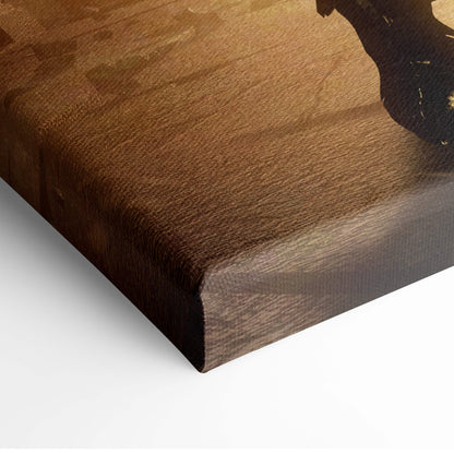 Rustic brown canvas print with wood-grain texture featuring dark silhouette of armored female knight with dual maces