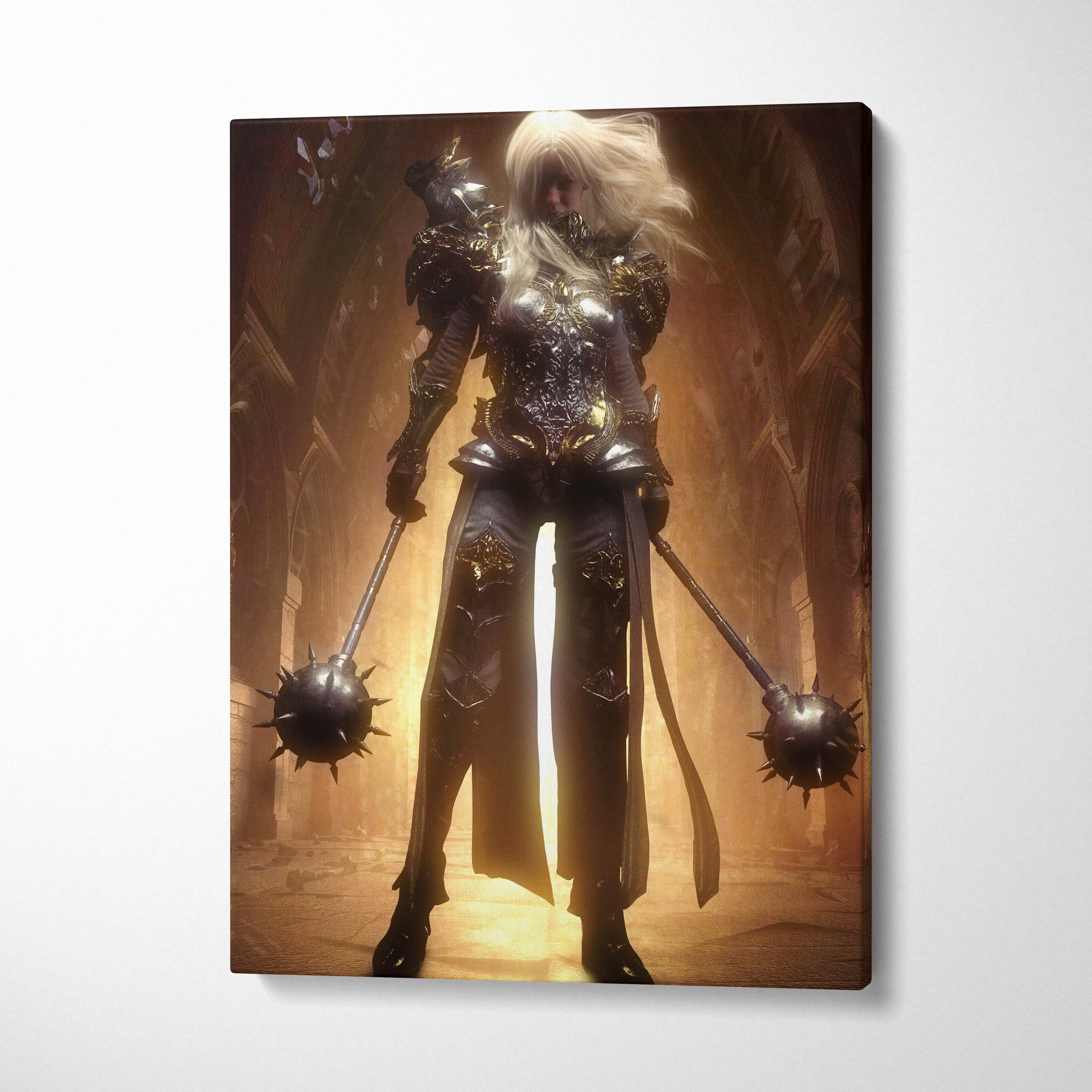 Canvas print of a dark gothic warrior queen in black and gold armor with dual spiked maces in a golden cathedral