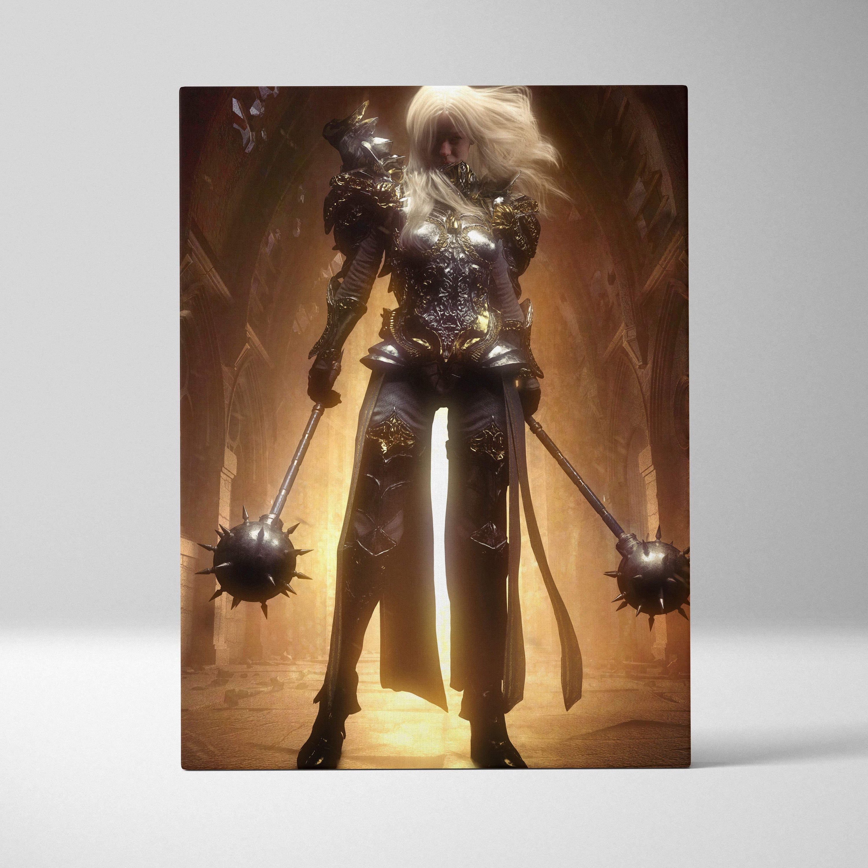 A framed canvas print of a dark gothic warrior queen in ornate dark metal armor with dual spiked maces and golden backlight