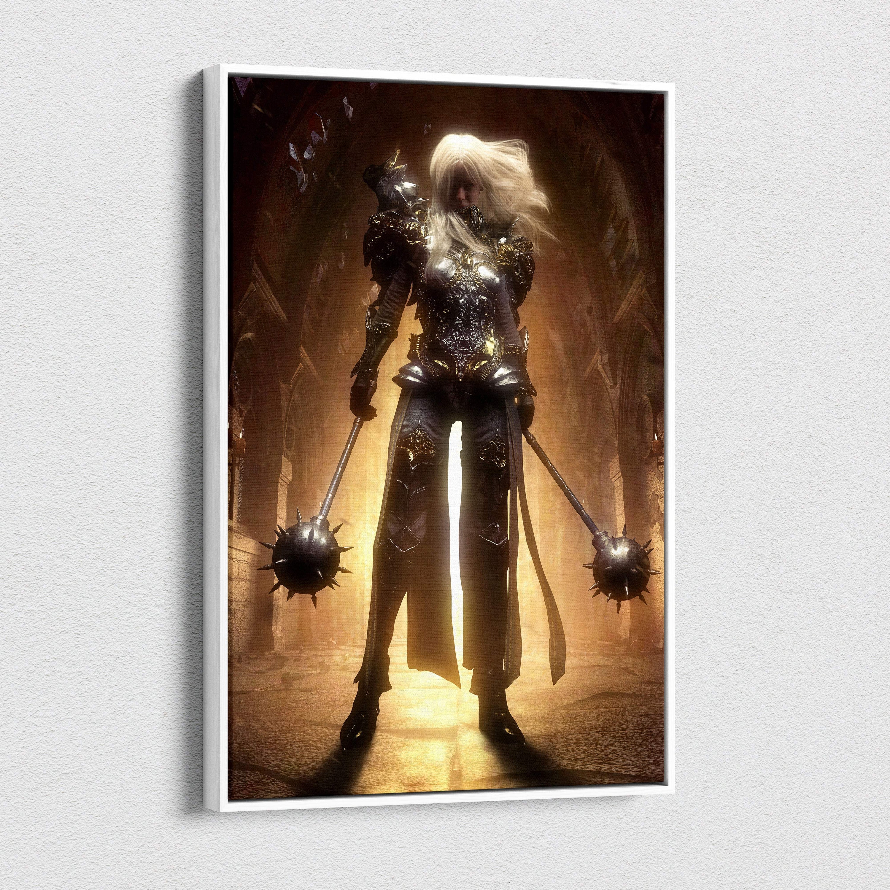 A framed dark gothic warrior queen canvas wall art showing an armored female knight with dual spiked maces and golden backlight