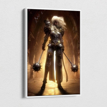 A framed dark gothic warrior queen canvas wall art showing an armored female knight with dual spiked maces and golden backlight
