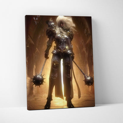 A framed canvas print of a dark gothic warrior queen in black and gold armor wielding dual spiked maces in a cathedral setting